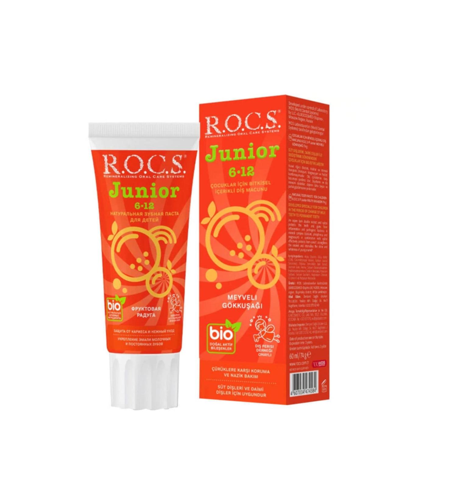 R.O.C.S. (ROCS) Toothpaste Junior (6-12 y.o.) Fruity Rainbow 74 g - Fluoride Free - Safe Formula - Safe if Swallowed - Protection Against Caries - Remineralization - Protection for Permanent Teeth