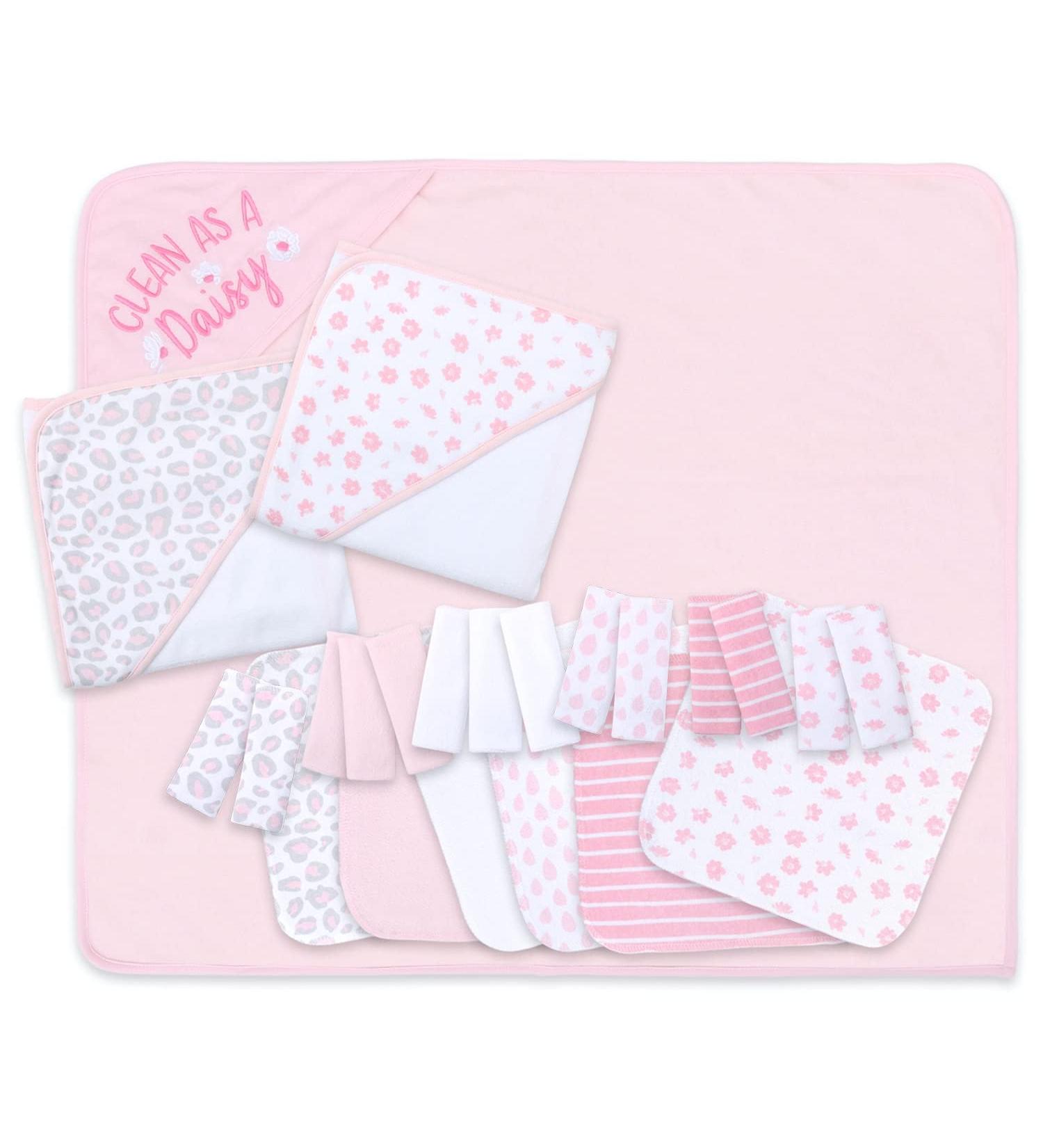 The Peanutshell Baby Girls Hooded Bath Towel and Wash Cloth Set - 23 Piece Pink Floral & Cheetah Print Gift Set - Buy Online on GoSupps.com
