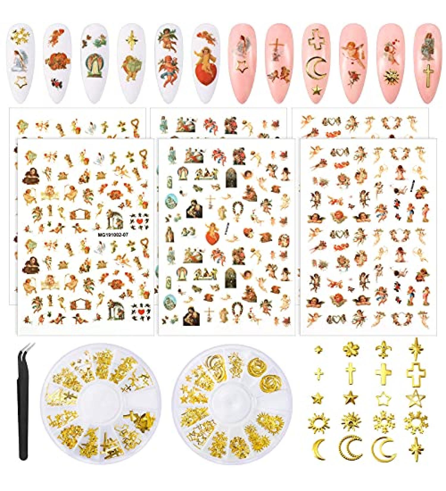 ChuYe 6 Sheets Angel Pattern Nail Stickers & 2 Boxes 3D Nail Art Metal Charms Baby Angel Nail Art Stickers Self-Adhesive Nail Decals Gold Metal Nail Studs Punk Star Cross Moon Gem Nail Art Jewel - Buy Online on GoSupps.com