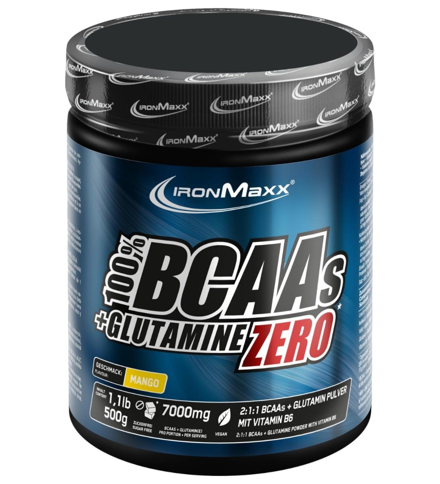 Ironmaxx 100% BCAAS + GLUTAMINE ZERO - Mango 500g |Veganes and sugar -free amino acids powder with vitamin B6 |6000 mg BCAA's and 1000 mg glutamine per portion