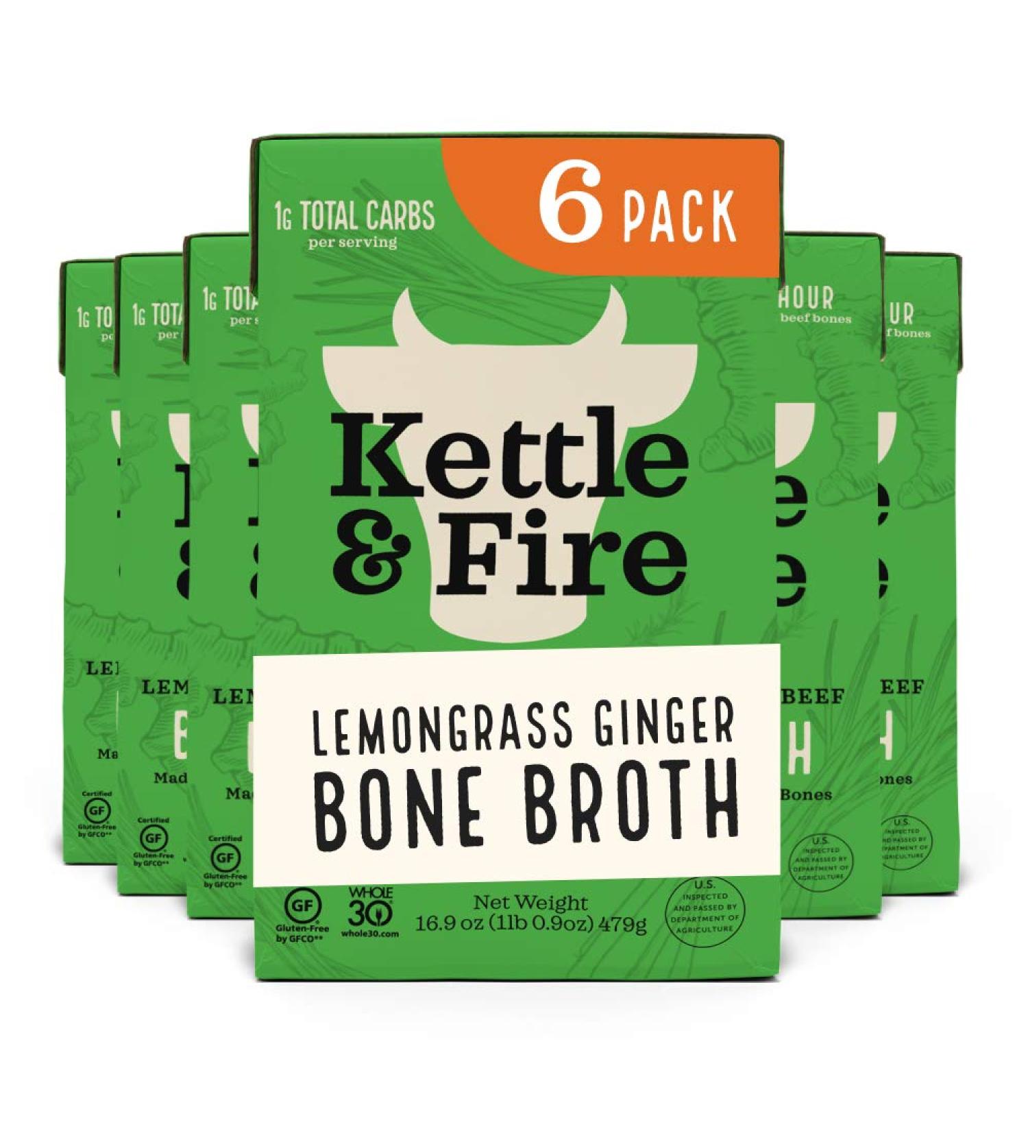 Kettle and Fire Lemongrass Ginger Beef Bone Broth 6 Pack - Keto, Paleo, Whole 30 Approved - Gluten Free, High in Protein and Collagen - Buy Online on GoSupps.com