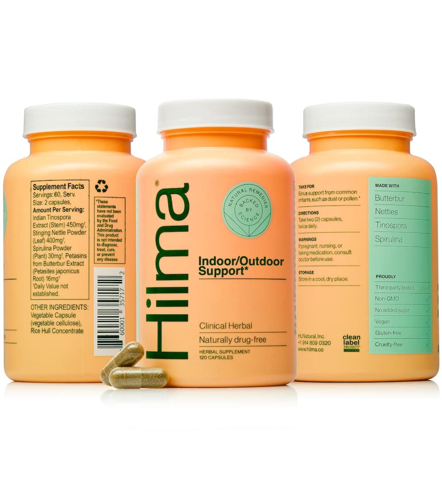 Hilma Natural Sinus Support - All Day Allergy Relief - 120 Vegan Capsules - Organic Ingredients Butterbur, Nettles & Spirulina - Non-Drowsy Formula - Clinically Proven - Buy Online on GoSupps.com