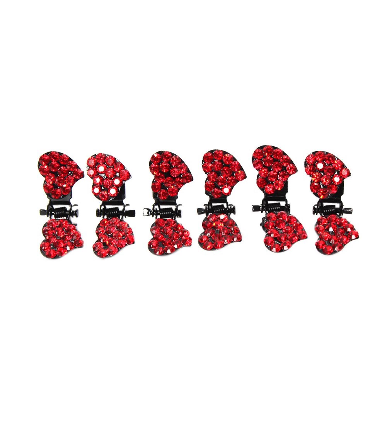 JUSTFOX - 6 x mini hair clips in heart shape with rhinestones (red)