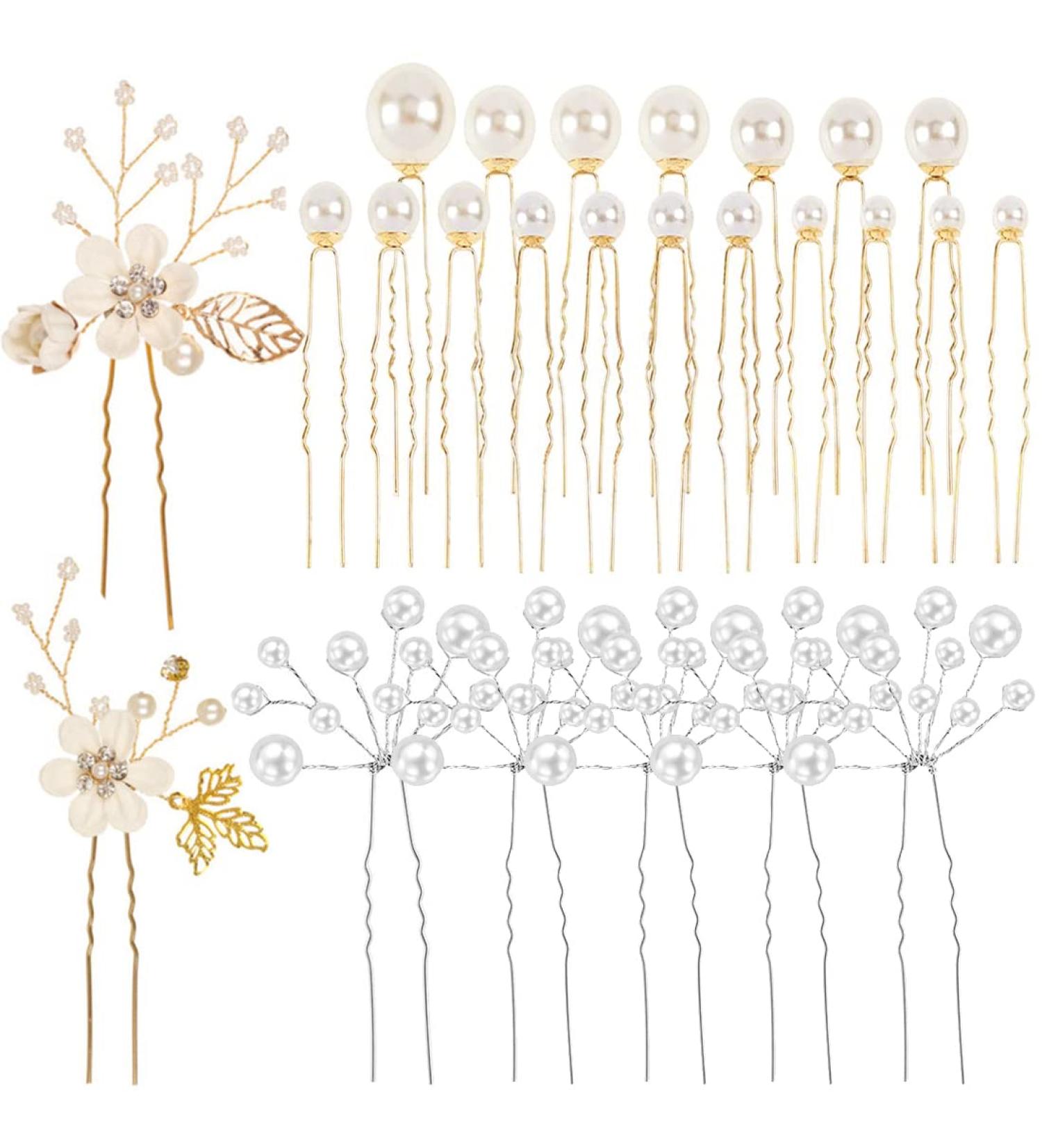 25 Pack Flower Leaf Pearl Bridal Hair Pins Clips - U-Shaped Barrettes with Rhinestone Crystal - Wedding Hair Accessories for Women, Girls, Brides - Buy Online on GoSupps.com