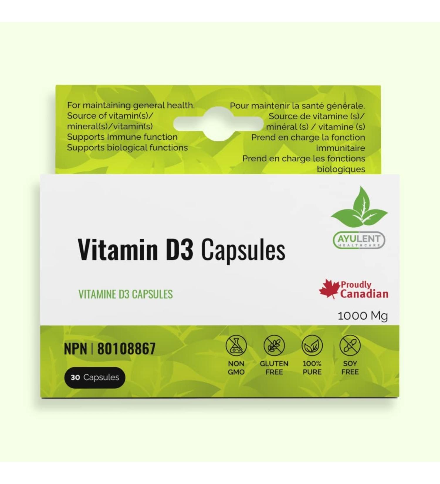 Ayulent Vitamin D3 1000IU Capsules for strong bones and immunity| 100% Vegan Non-GMO Capsules | Contains Vitamin D that helps improve skin & hair problems in addition to overall health benefits.| For Adults 30 capsules (Pack of 1) - Buy Online on GoSupps.com