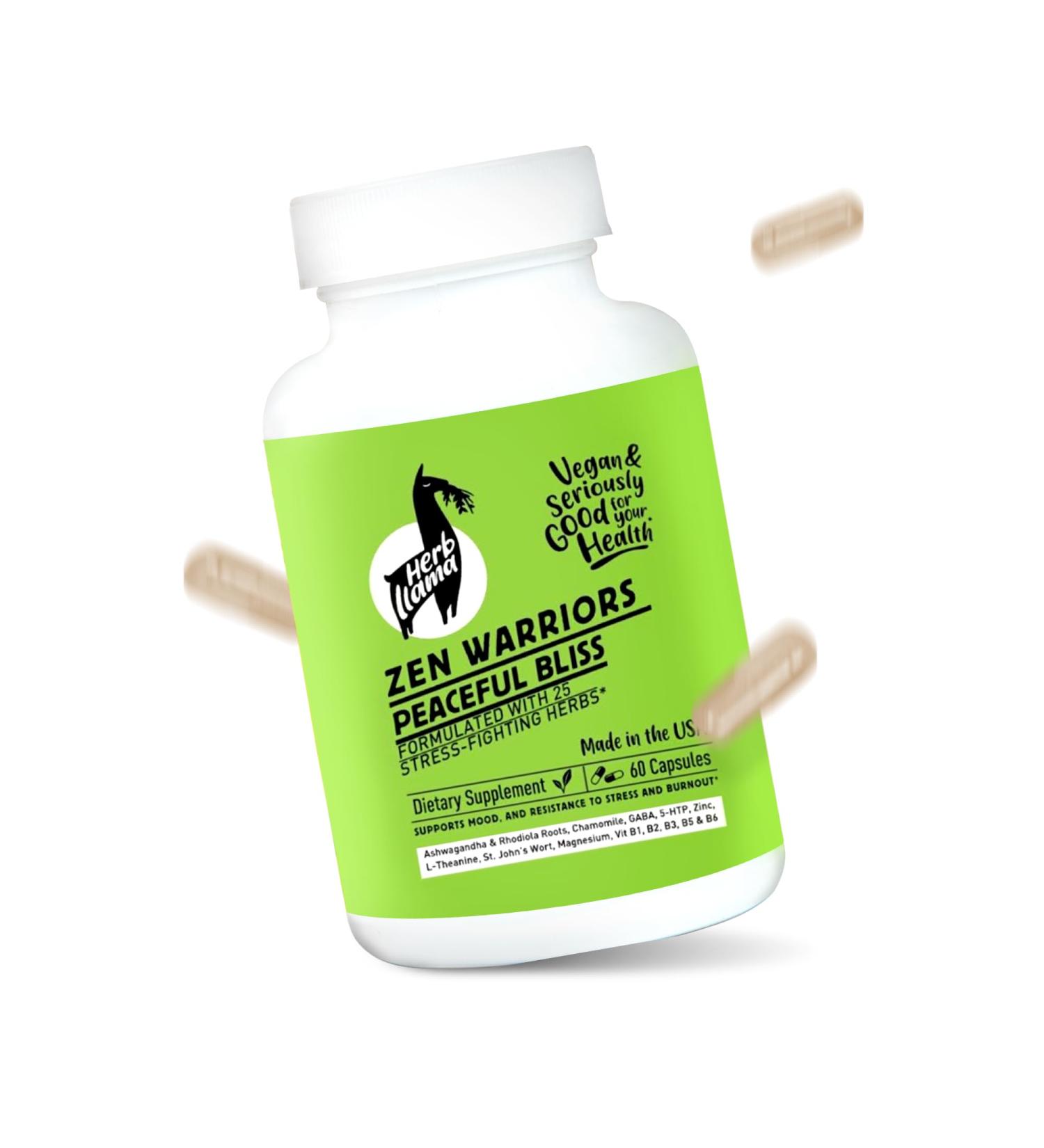 Herb Llama Zen Warriors Mood Support Supplement | Magnesium Ashwagandha 5 HTP GABA | Plant-Based Superfood & Energy Booster | GMO-Free | 60 Capsules - Buy Online on GoSupps.com