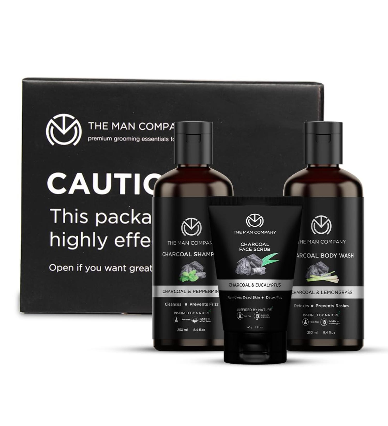 The Man Company Charcoal Cleansing Kit | Set of 3 Charcoal Body Wash 250ml Charcoal Shampoo 250ml Charcoal Face Scrub 100 gm | Deep Cleanses Dandruff Treatment