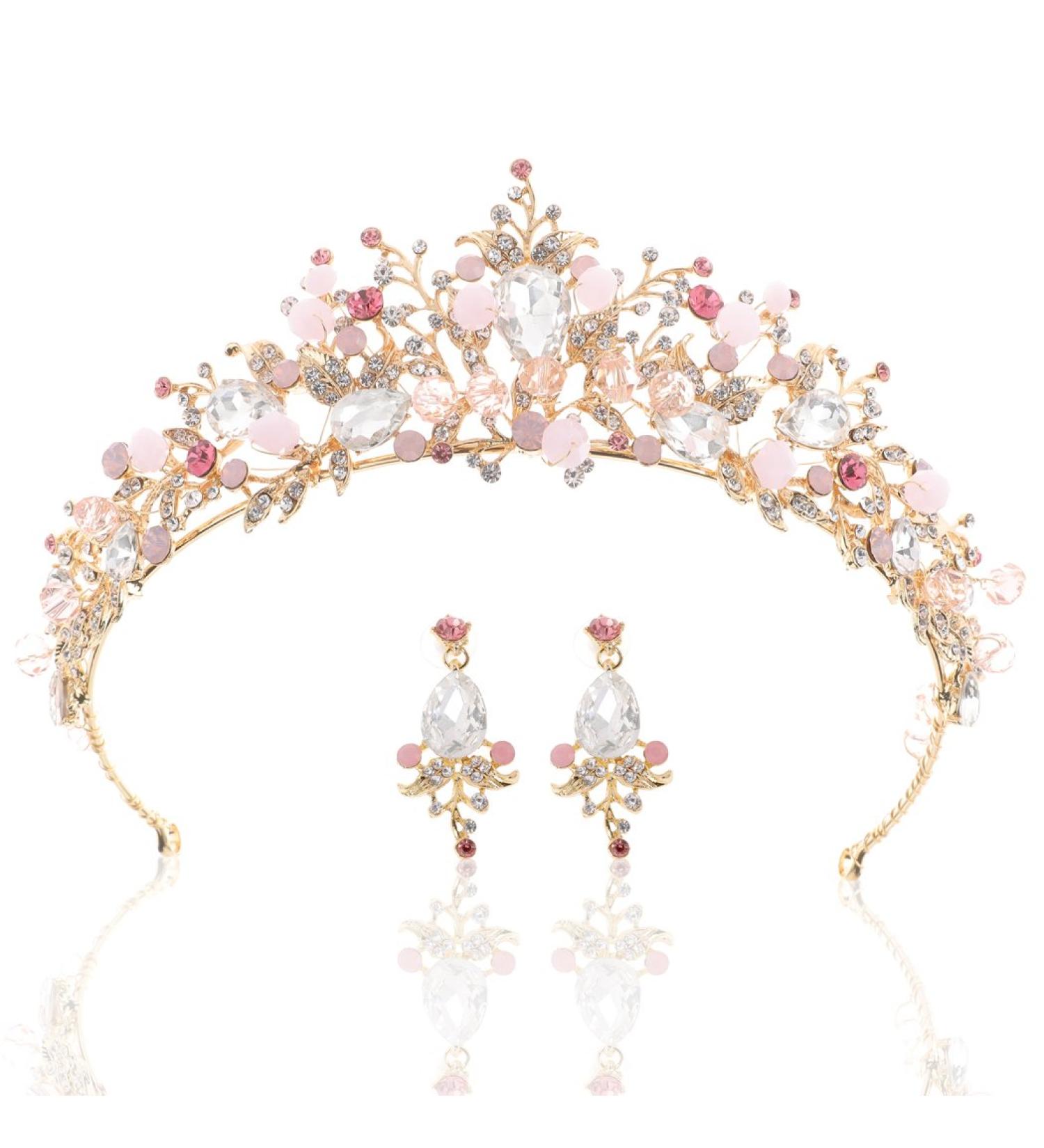 Pink Gold Wedding Crown Bridal Tiaras with Earrings for Women and Girls - Buy Online on GoSupps.com