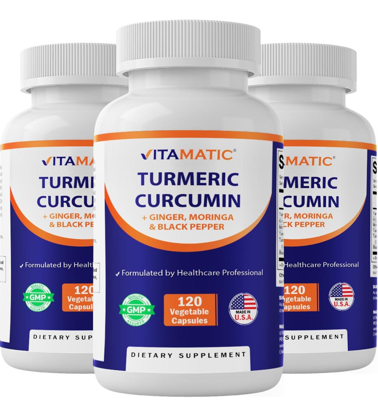 Vitamatic Turmeric Curcumin Supplement (10:1 Equivalent 3000 Per Serving, Made with 95% Curcuminoids, Black Pepper, Ginger, Moringa) 120 Vegetable Capsules, Non-GMO, Gluten Free - 3 Pack - Buy Online on GoSupps.com
