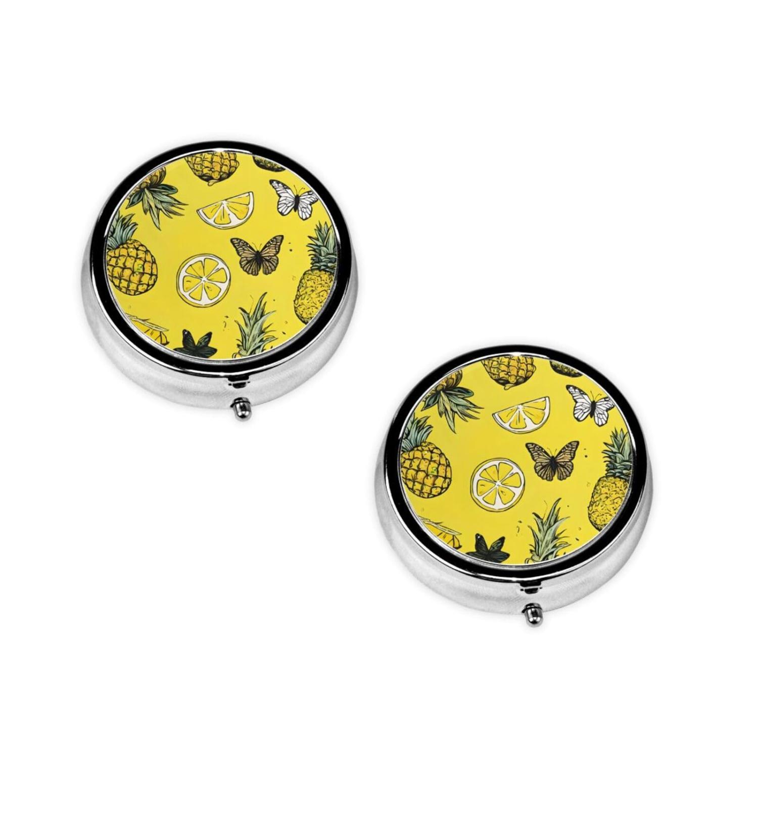Fashion Pineapples Round Pill Box - 3 Compartment Mini Decorative Pill Organizer for Travel & Vitamins - Buy Online on GoSupps.com