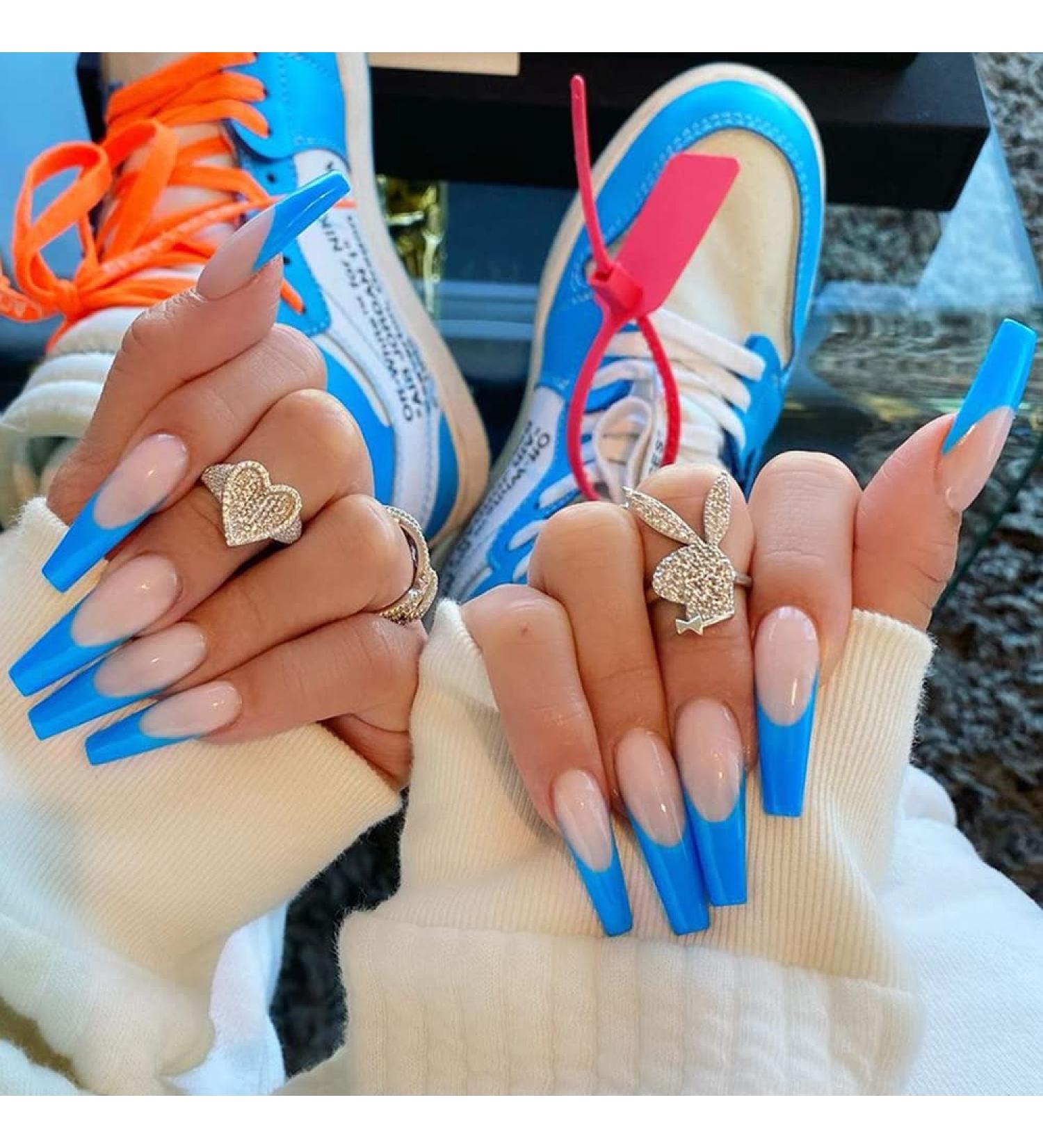 Xerling Blue Coffin Nails Tips | Full Cover Press On Ballerina Fake Nails for Women | French Nail Art | 24 Pcs (Pattern H) - Shop Now - Buy Online on GoSupps.com