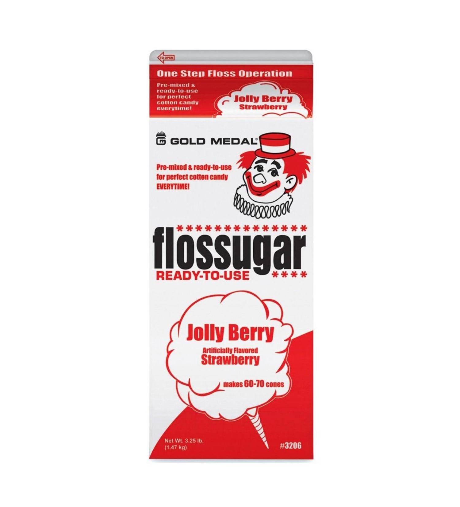 Flossugar Candy Floss Flavouring Jolly Berry Strawberry 1.47kg Tub 60 70 Cones
