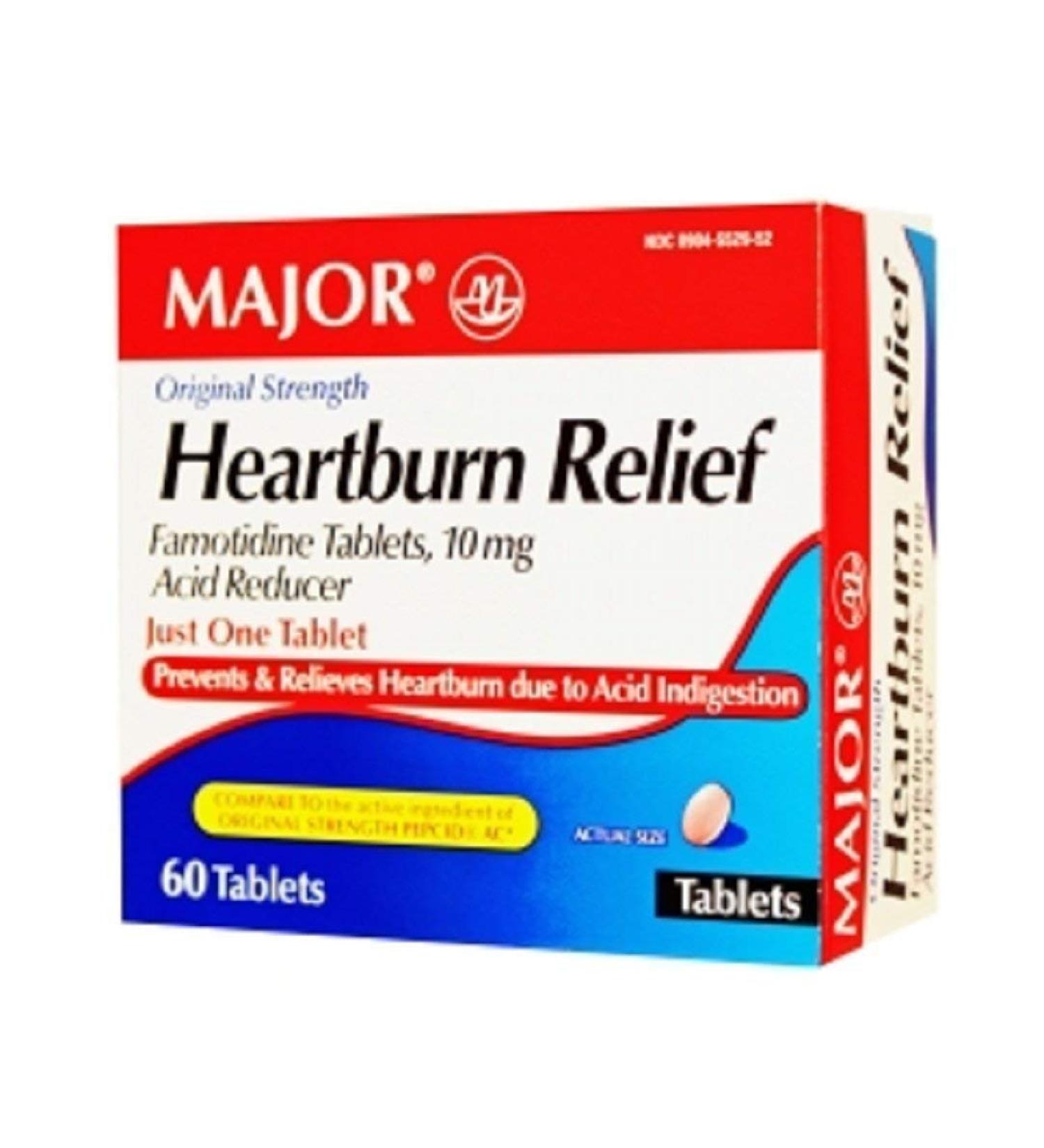 Major Pharmaceuticals Major Heartburn Relief TABS FAMOTIDINE-10 MG Pink 60 Tablets UPC 309045529522