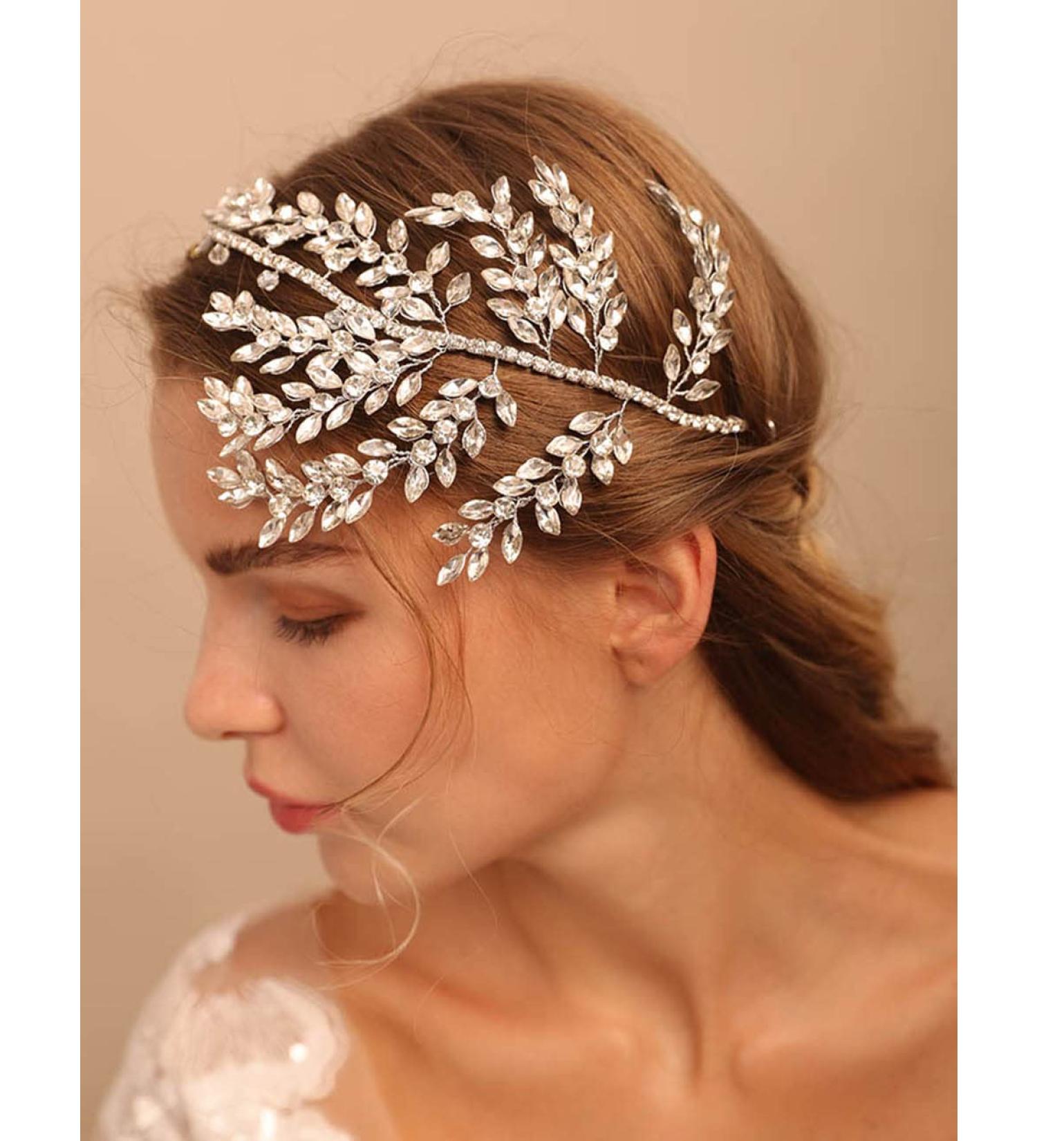 Deniferymakeup Rhinestone Wedding Hair Accessory Crystal Headband for Bride Crystal Leaves Hairstyles for Wedding - Buy Online on GoSupps.com