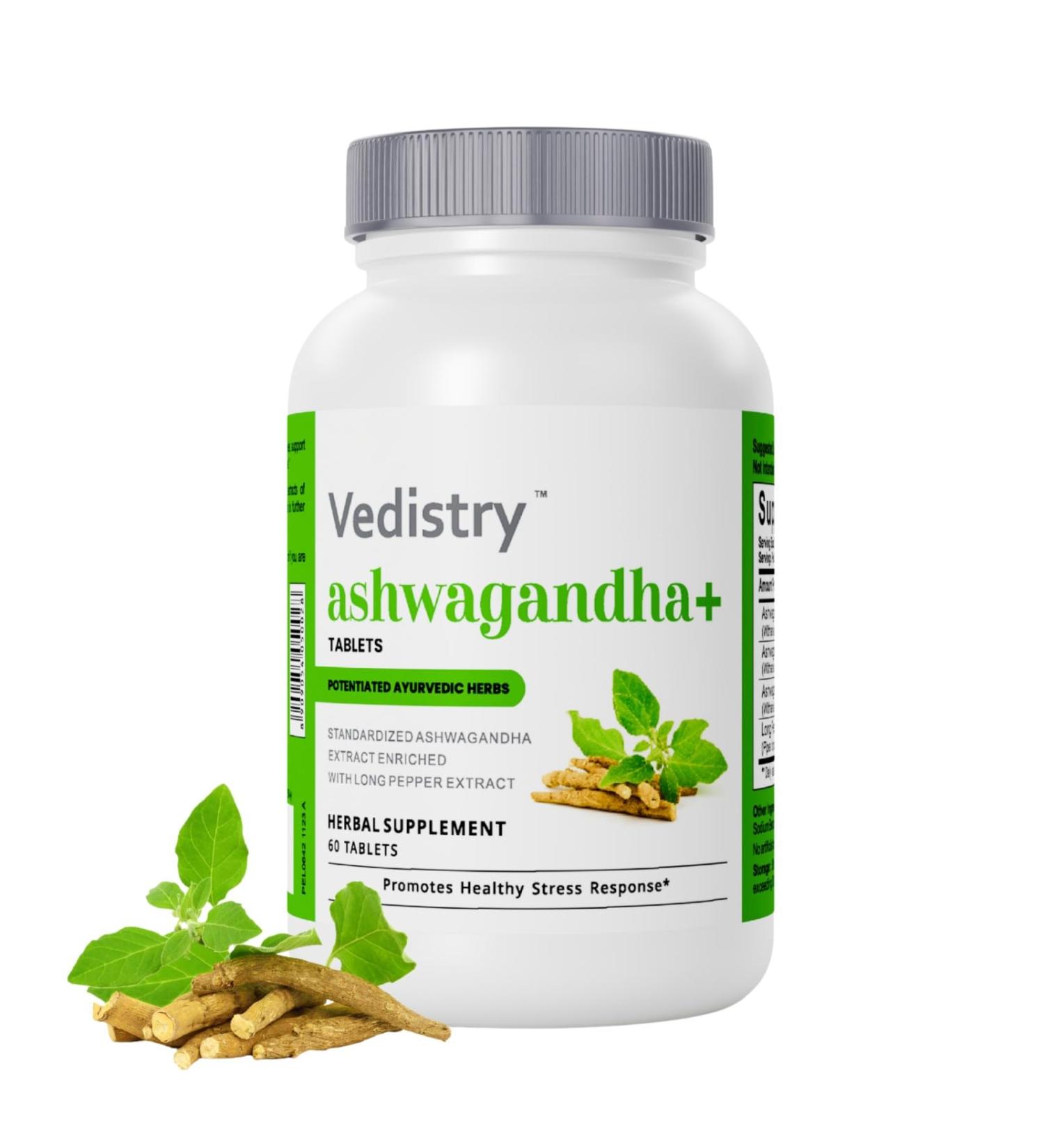 Vedistry Ashwagandha+ 1100mg Tablets with Long Pepper 60 Tablets | Natural Adaptogen for Stress Relief Mood Support Energy Boost & Adrenal Health | Vegan Ashwagandha Herbal Supplement | Pack of 1 - Buy Online on GoSupps.com