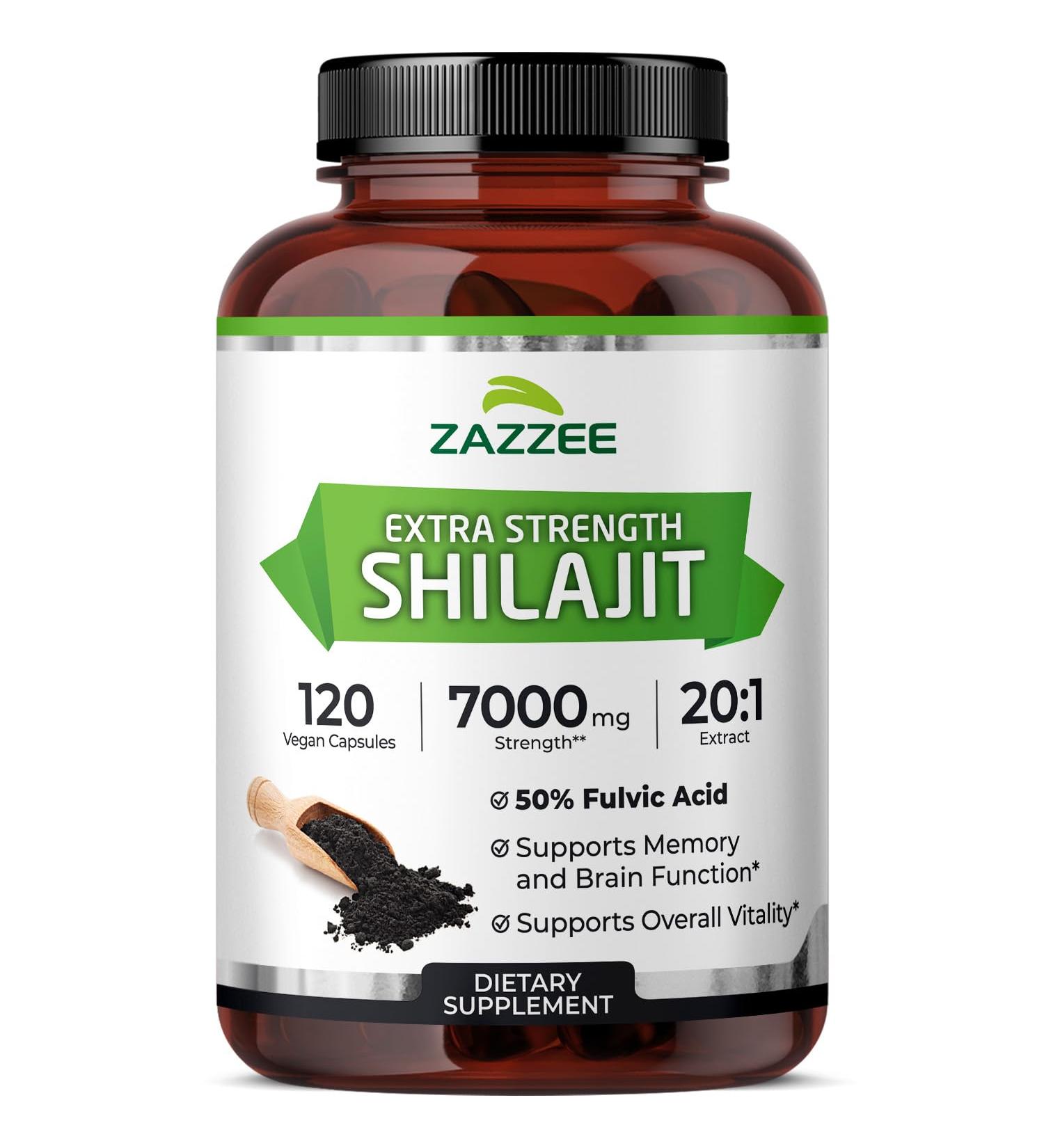 Zazzee 100% Pure Himalayan Shilajit 20:1 Extract 7000 mg Strength per Capsule 50% Fulvic Acid 120 Servings per Bottle 20X Potency Rich in Trace Minerals Non-GMO Vegan Made in The USA - Buy Online on GoSupps.com