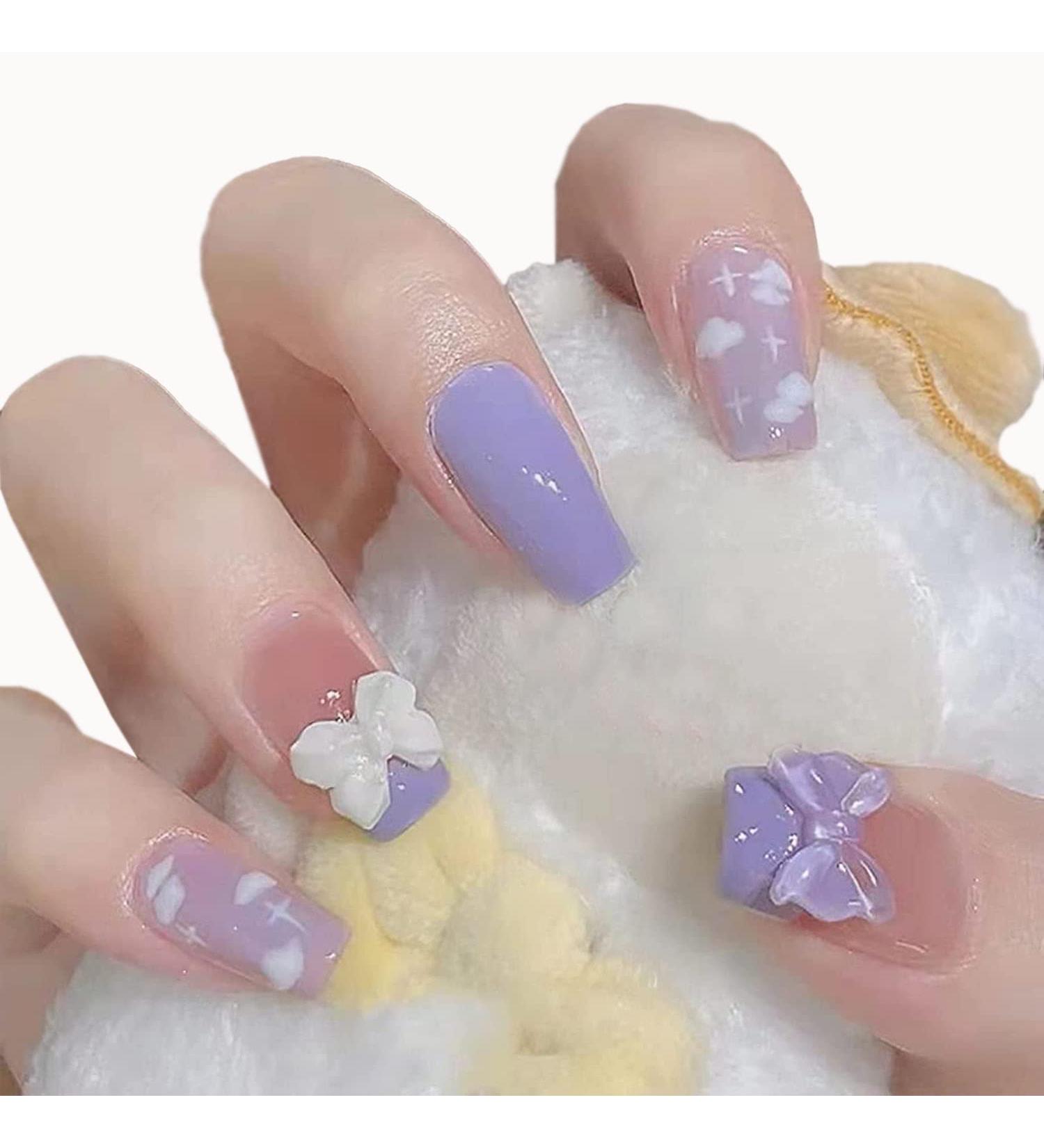 MISUD Square Glossy Bow False Nails for Women and Girls - Cute Press-on Nail Designs - Buy Online on GoSupps.com