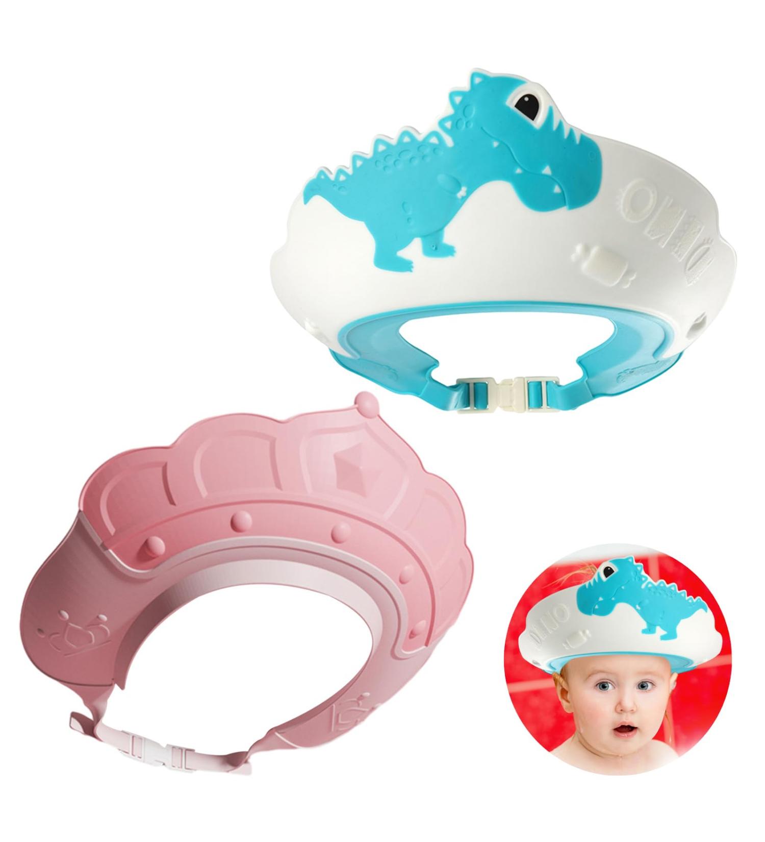 2 Pcs Adjustable Baby Shower Cap Set for Boys and Girls - Crown Pink Dinosaur Blue - Protects Eyes, Ears, and Face - Buy Online on GoSupps.com