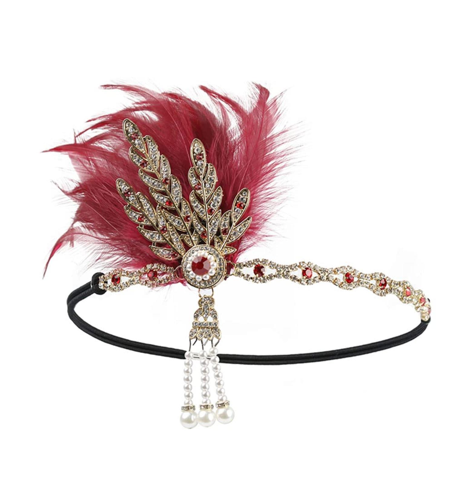 STIOEDYUAN Vintage 1920s Flapper Headband | Great Gatsby Feather Headpiece - Roaring 20s Leaf Tiara Hair Accessory (Red) - Buy Online on GoSupps.com