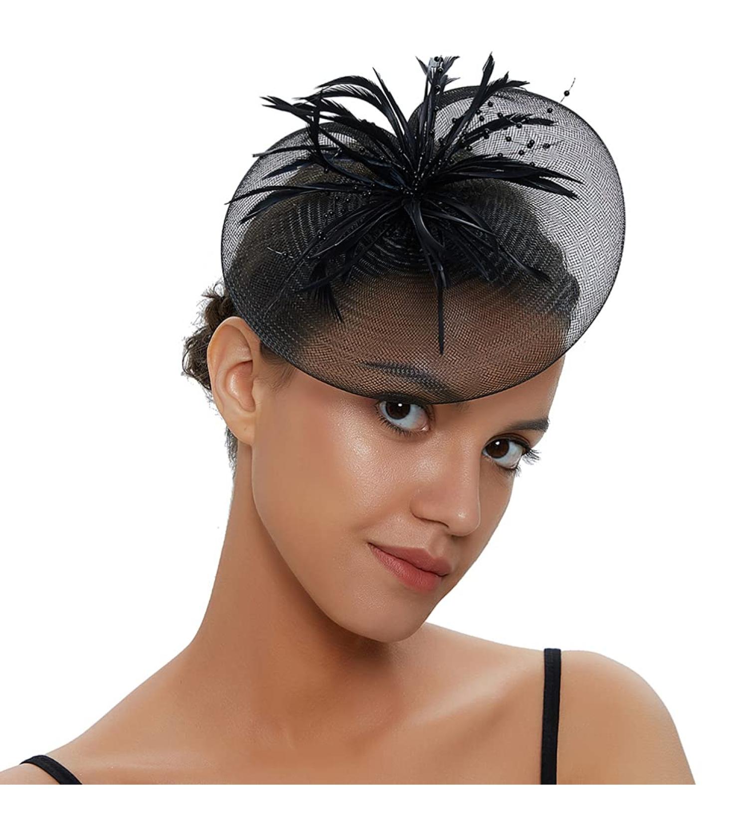 Amosfun Black Fascinator Hat | Elegant Feather Net Mesh Derby Tea Party Headwear for Women & Girls - Buy Online on GoSupps.com