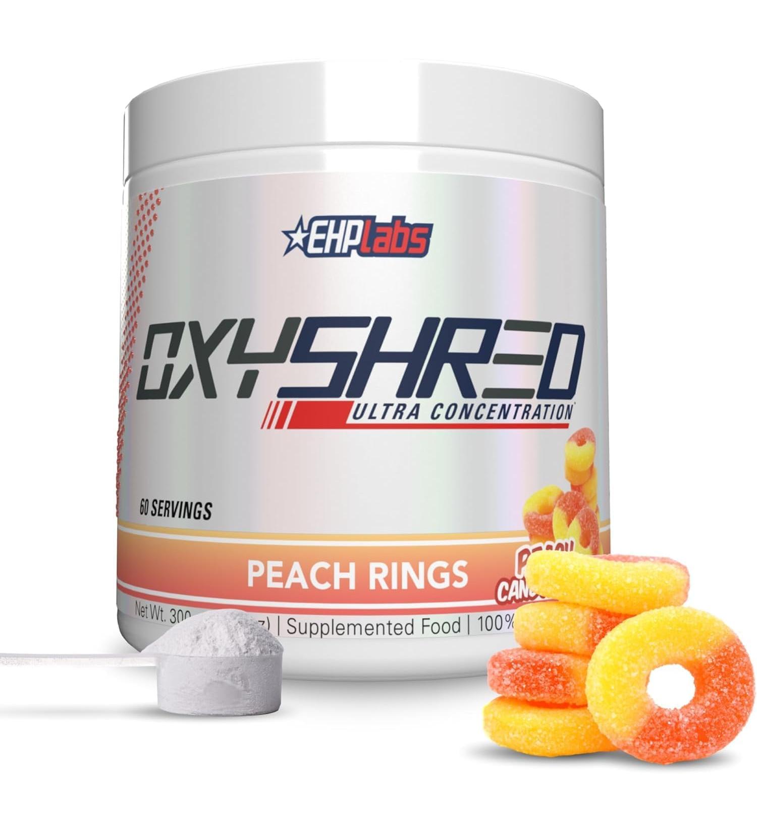 EHPlabs OxyShred Thermogenic Pre Workout Powder & Shredding Supplement - Preworkout for Men & Women Sugar Free Energy Powder with 150mg of Caffeine - Peach Candy Rings 60 Servings - Buy Online on GoSupps.com
