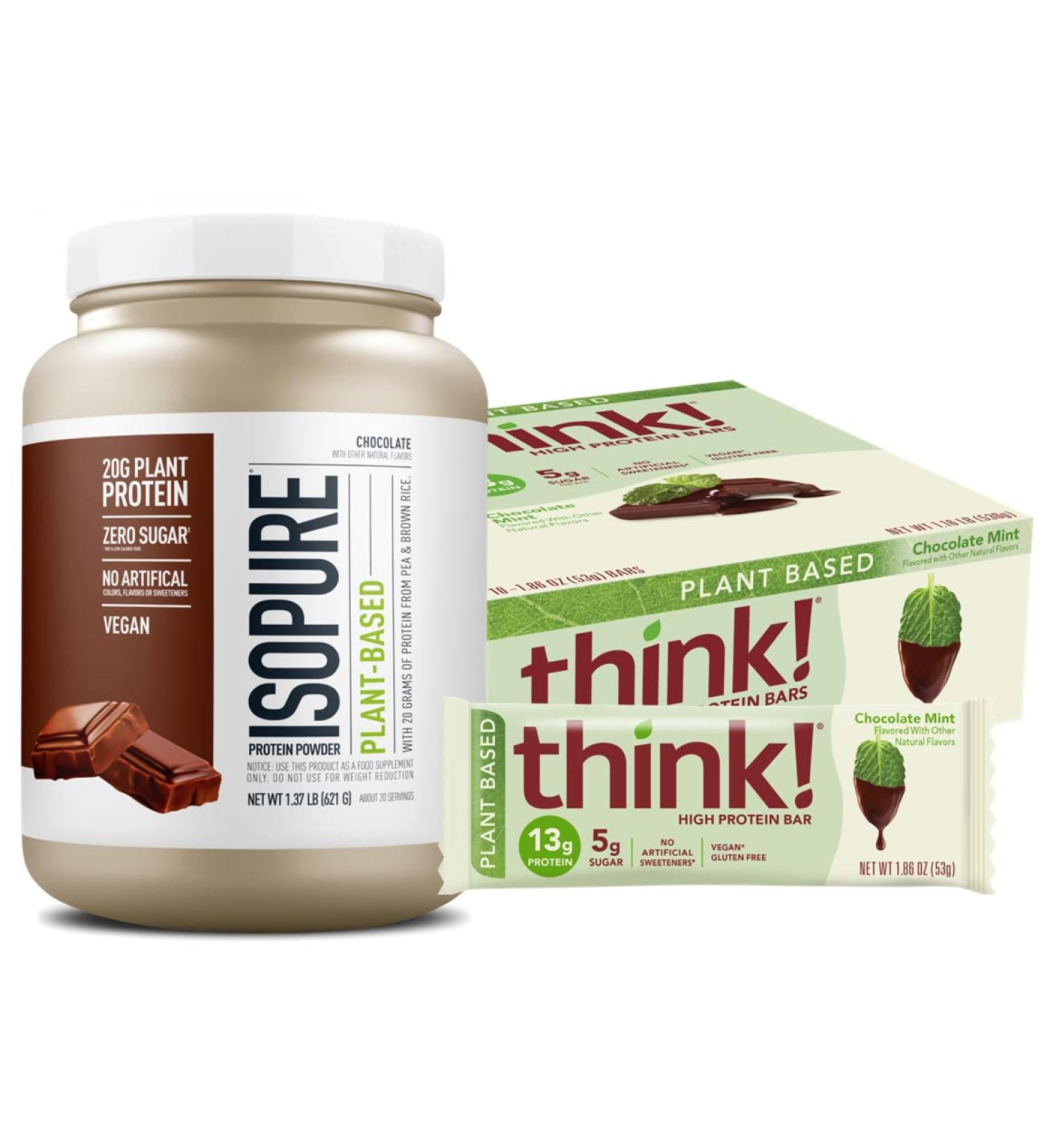 Plant Protein Bundle- Isopure Plant Protein Powder Chocolate- 20G Vegan Protein- (20 Servings) with think! Plant Protein Bars Chocolate Mint- 13G Vegan Protein- (10 bars) - Buy Online on GoSupps.com