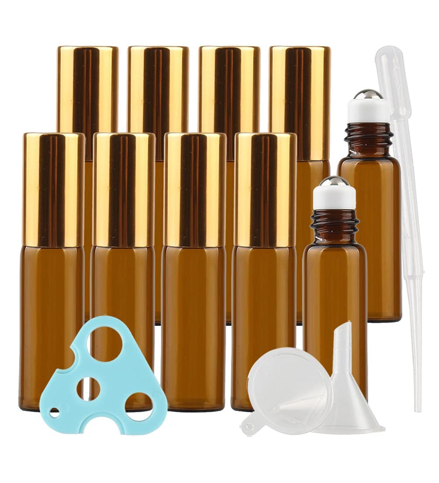 Tianzd 20 Pack 5ml Amber Roller Bottles - Essential Oil Glass Rollers with Gold Caps & Funnel Opener - Perfect for DIY Aromatherapy - Buy Online on GoSupps.com