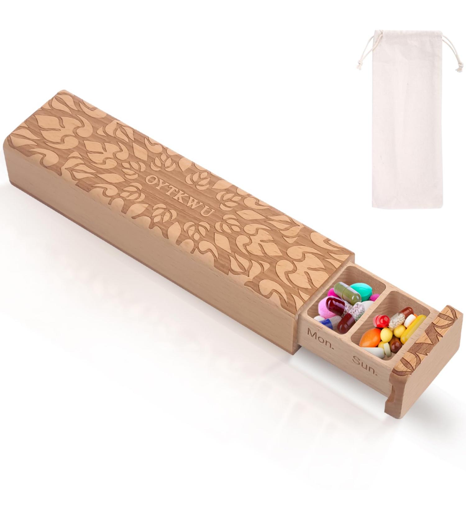 Wooden 7-Day Pill Organizer - Daily Travel-Friendly Medication Box | Safe Tracking for Weekly Meds (Beech - Buy Online on GoSupps.com