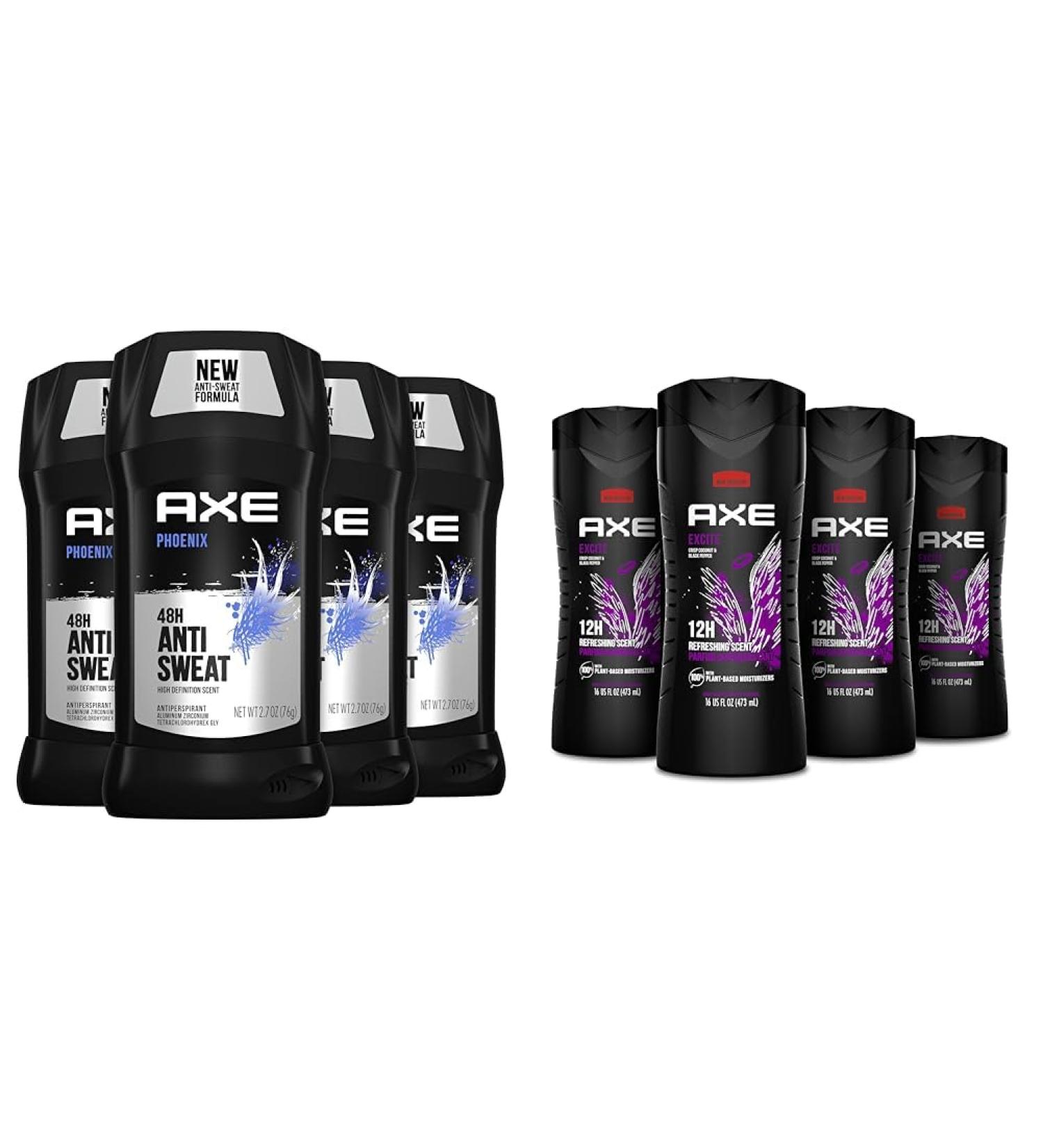 AXE Antiperspirant Deodorant Phoenix 4PK 48H Sweat & Odor Protection Crushed Mint & Rosemary + AXE Body Wash Excite 4PK 12H Refreshing Scent Crisp Coconut & Black Pepper - Buy Online on GoSupps.com