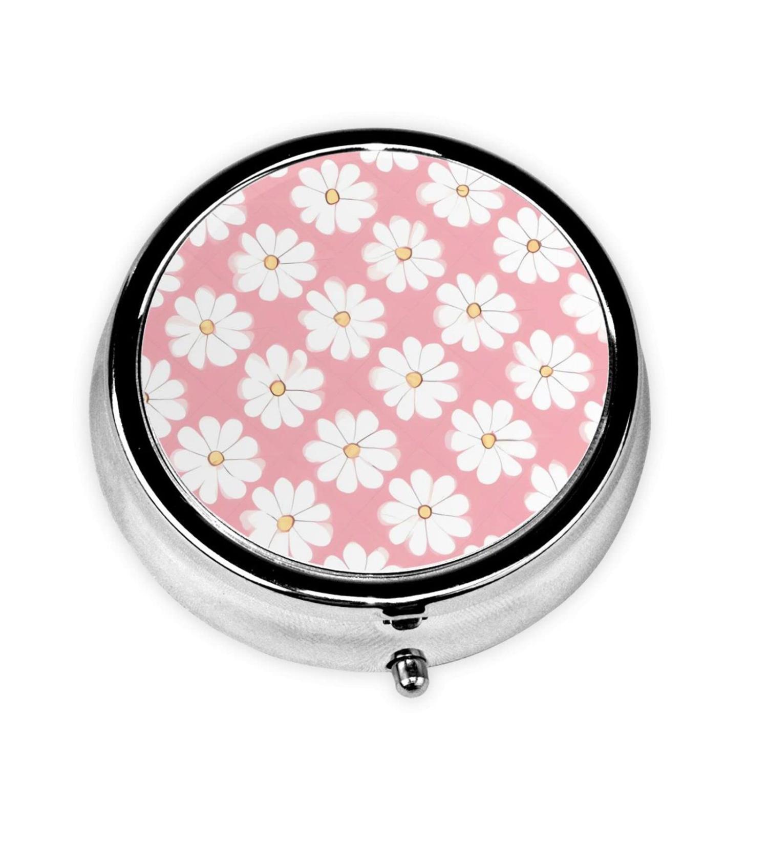 White Chrysanthemum Round Pill Box - 3 Compartment Travel Organizer | Portable Pill Storage Solution - Buy Online on GoSupps.com