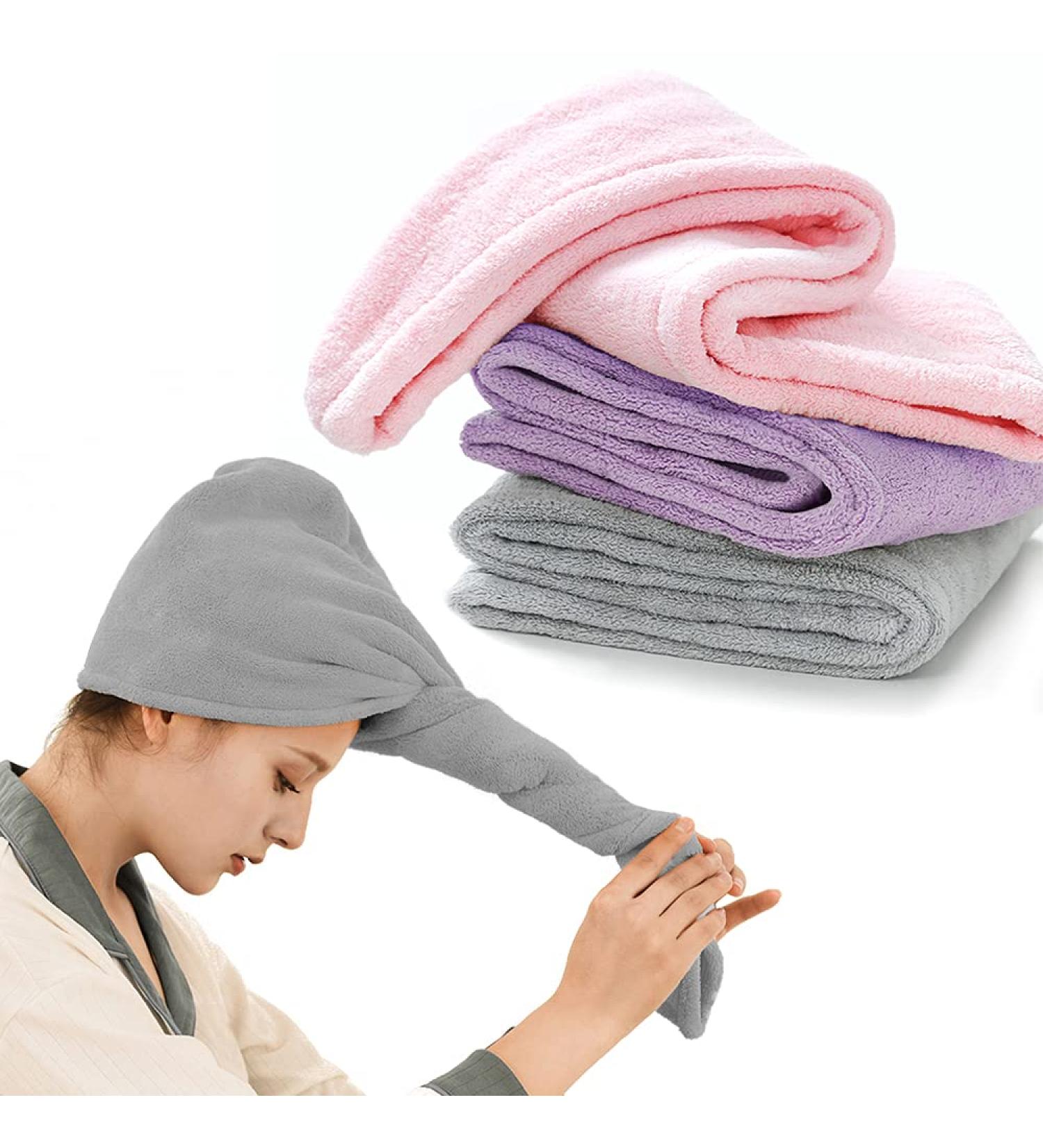 3pcs Hair Towel Wrap Set - Button Drying Towel Hat for Women with Long Hair (Pink Purple Gray) - Buy Online on GoSupps.com