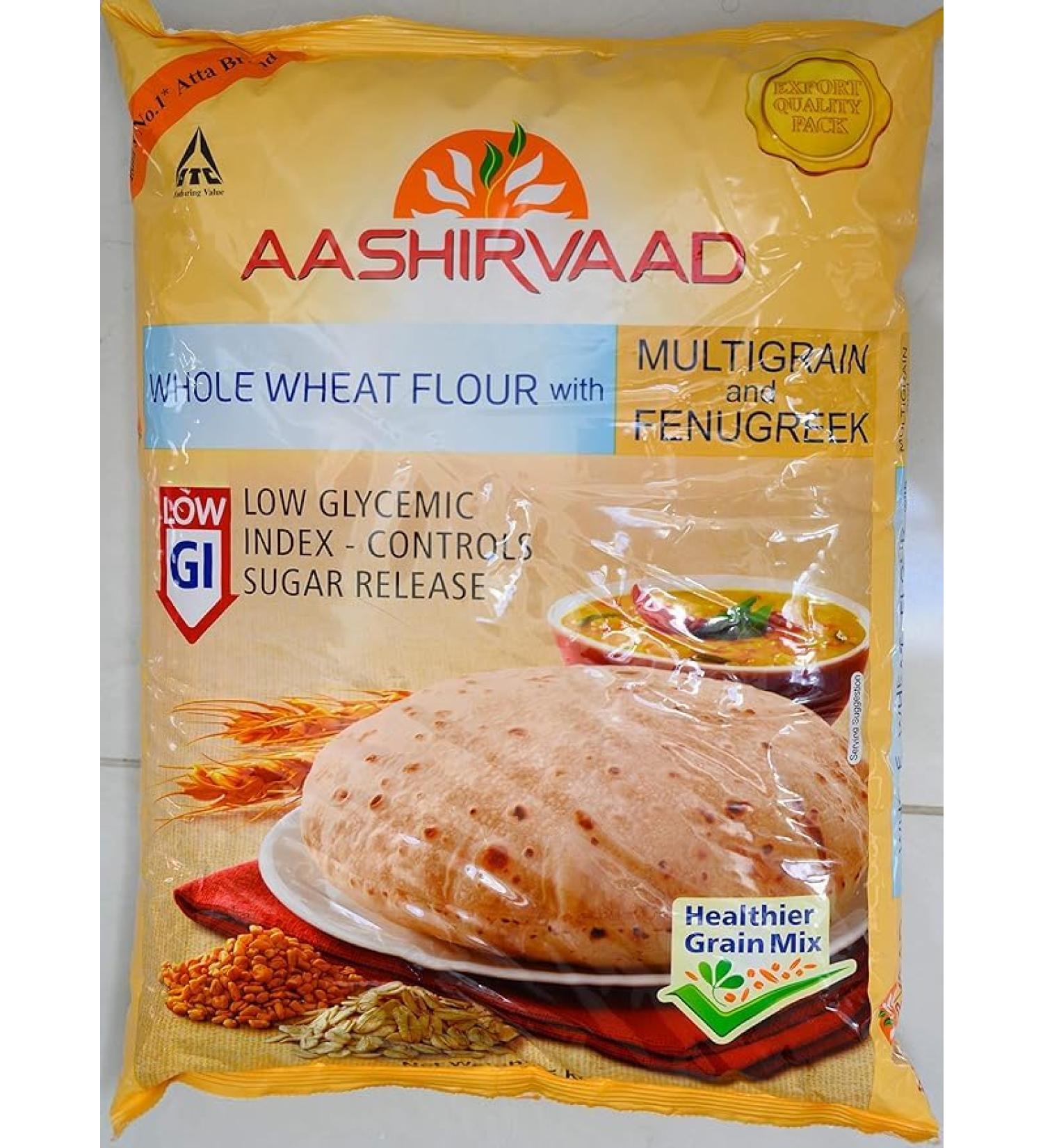 Seelans | AASHIRVAAD Whole Wheat Flour with Multigrain & Fenugreek| Low Glycemic| Low sugar| 5kg| Healthy with Rich Flavour from Fenugreek| For fresh roti paratha bread or pastries | Indian Origin - Buy Online on GoSupps.com