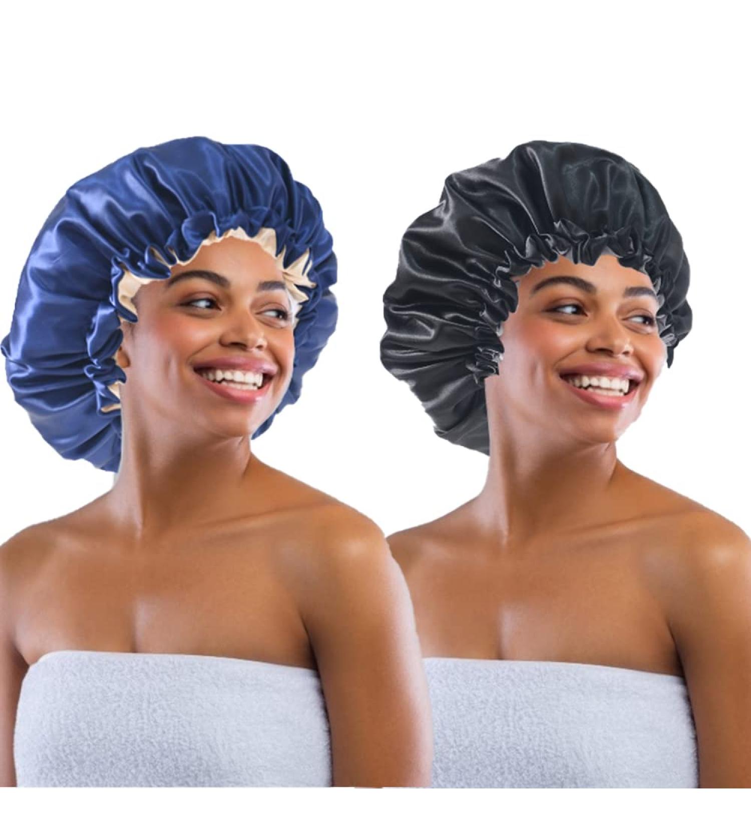 Satin Silk Bonnet for Women - Extra Large Pink Cap for Long Curly Hair - 2 Pc Set (Black/Dark Blue) - Buy Online on GoSupps.com