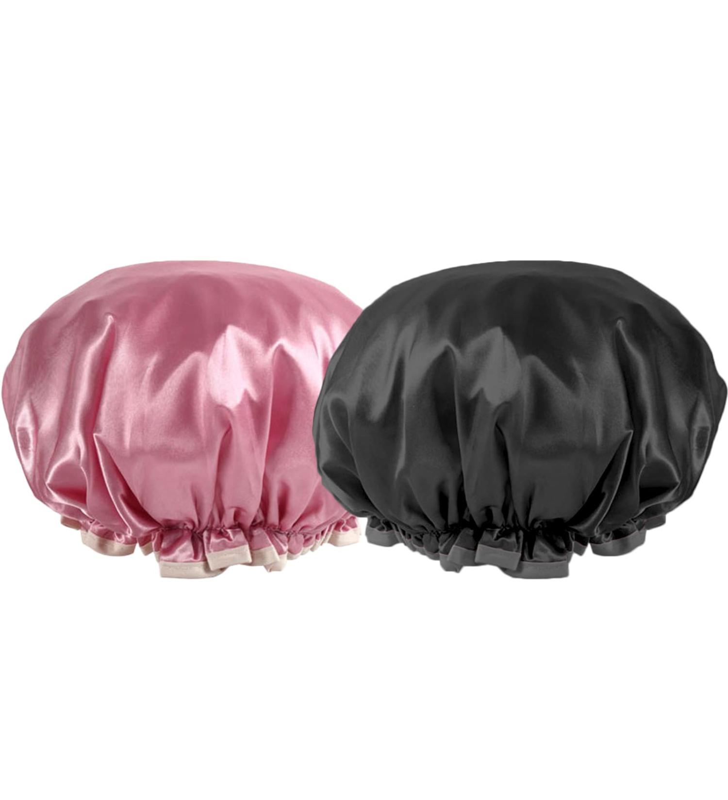 YAWALL Shower Cap 2Pcs for Women - Reusable Waterproof Silk Double Layer Hair Cap in Pink & Black - 10in - Buy Online on GoSupps.com