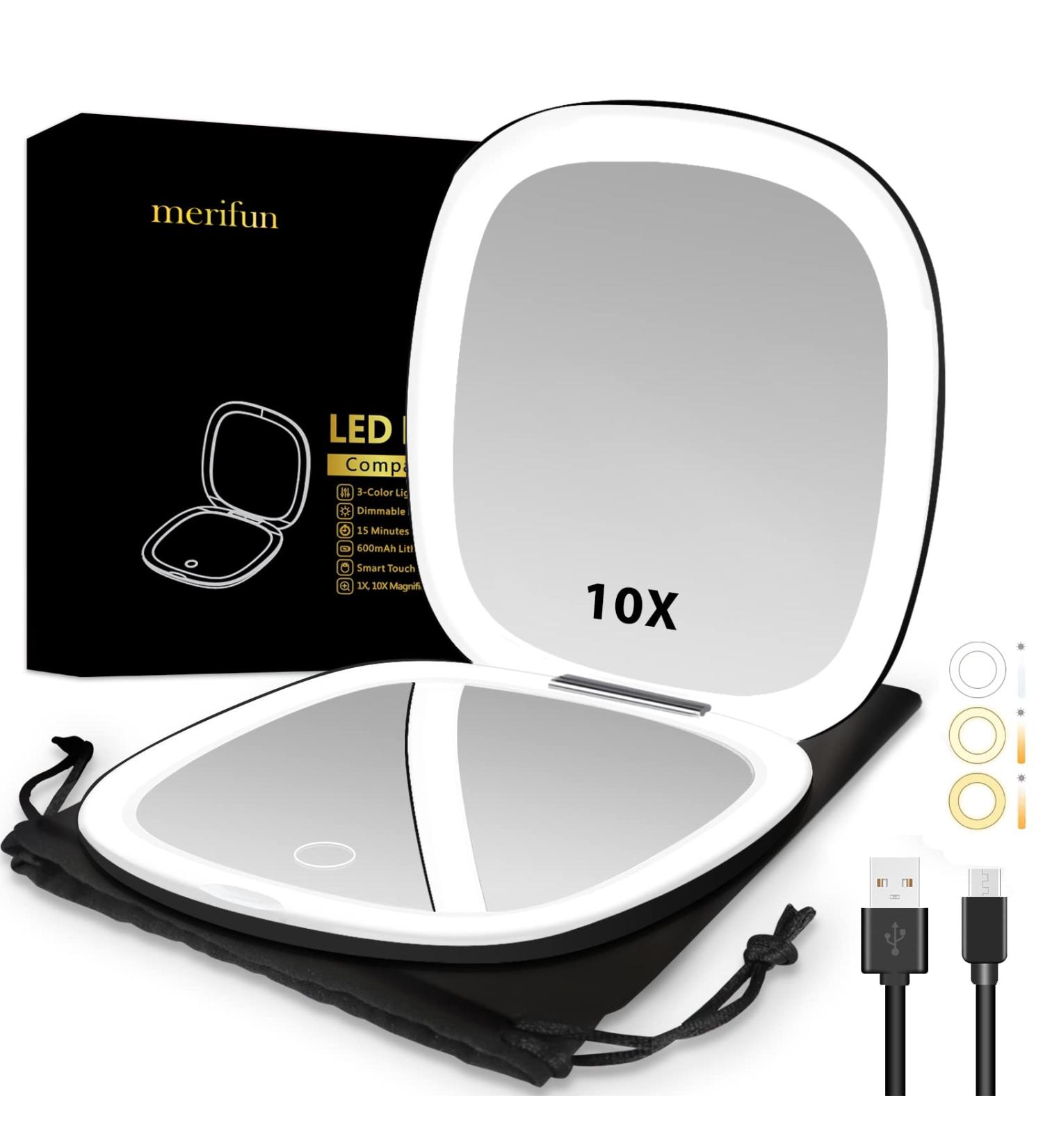 Rechargeable 2-Sided 1X/10X Lighted Magnifying Mirror - 56 LEDs, 3 Colors & Brightness Adjustable, Portable Compact Mirror (Black) - Buy Online on GoSupps.com