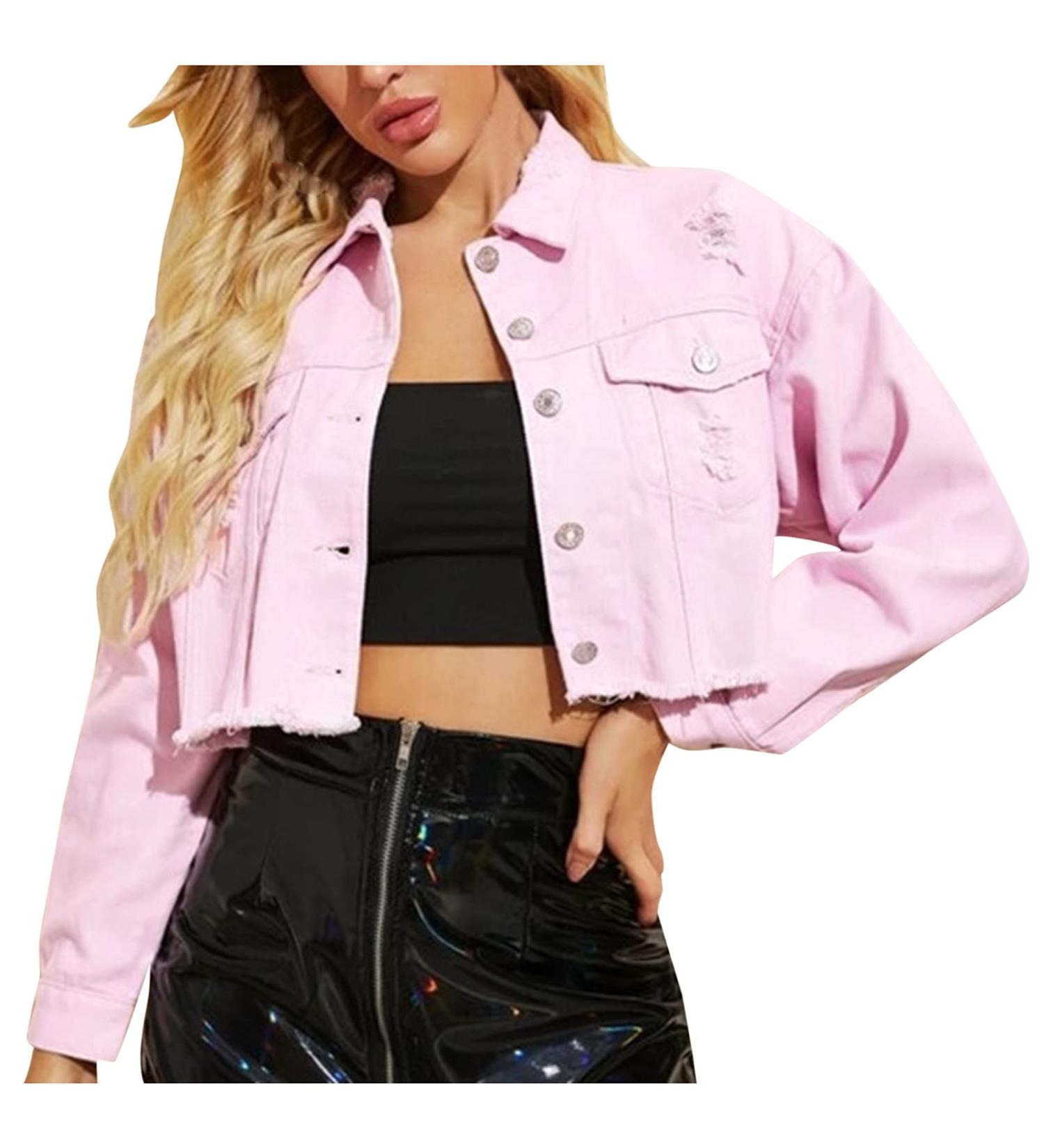 Buy Haiorziyou Women's Cropped Denim Jacket - Light Wash Plus Sizes Stylish Blouse with Revers Button & Distressed Design - XS Pink - Buy Online on GoSupps.com