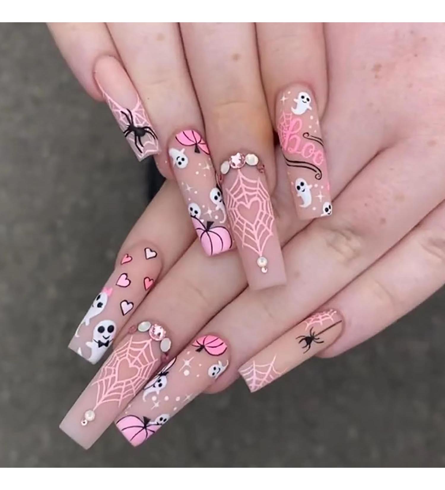 Halloween Press On Nails - Long Coffin Designs Ghost Pumpkin & Spider Web 24 Pcs - Cute Full Cover Fake Nails with Glue for Women & Girls - Buy Online on GoSupps.com