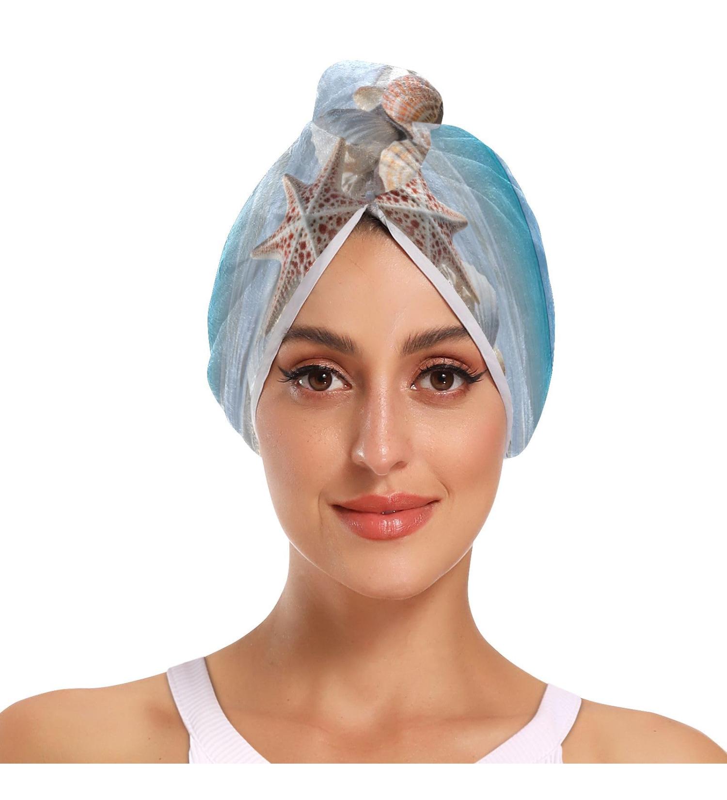 Beach Seashell Starfish Hair Towel 2 Pack - Super Absorbent Quick Dry Hair Turbans for Women & Girls - Buy Online on GoSupps.com