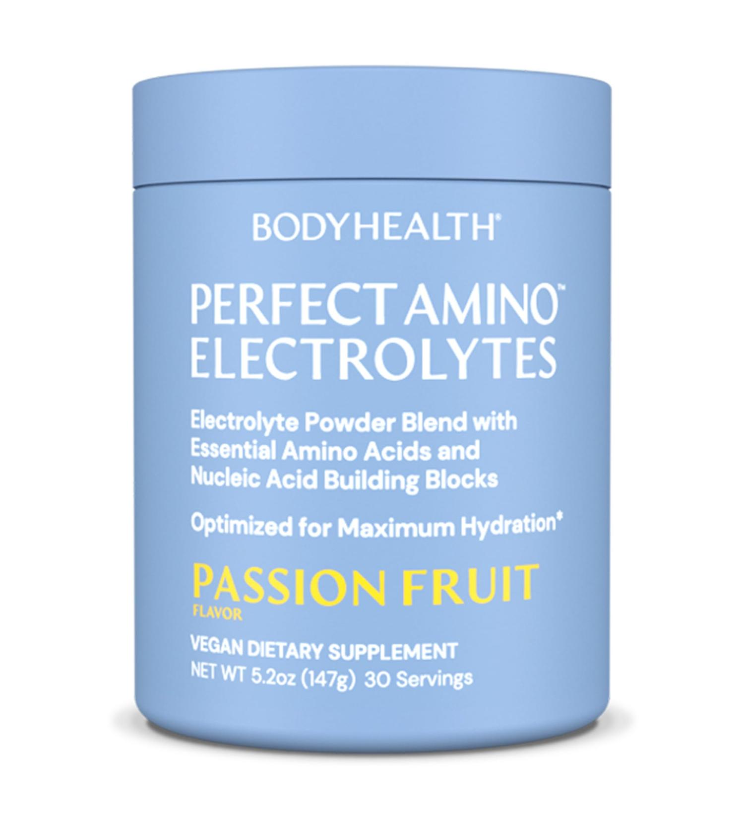BodyHealth PerfectAmino Electrolytes Powder No Sugar, Hydration Fasting Keto Zero Sugar Electrolytes Drink Mix with Trace Minerals - Passion Fruit - 30 Servings Passion Fruit 5.2 Ounce (Pack of 1) - Buy Online on GoSupps.com