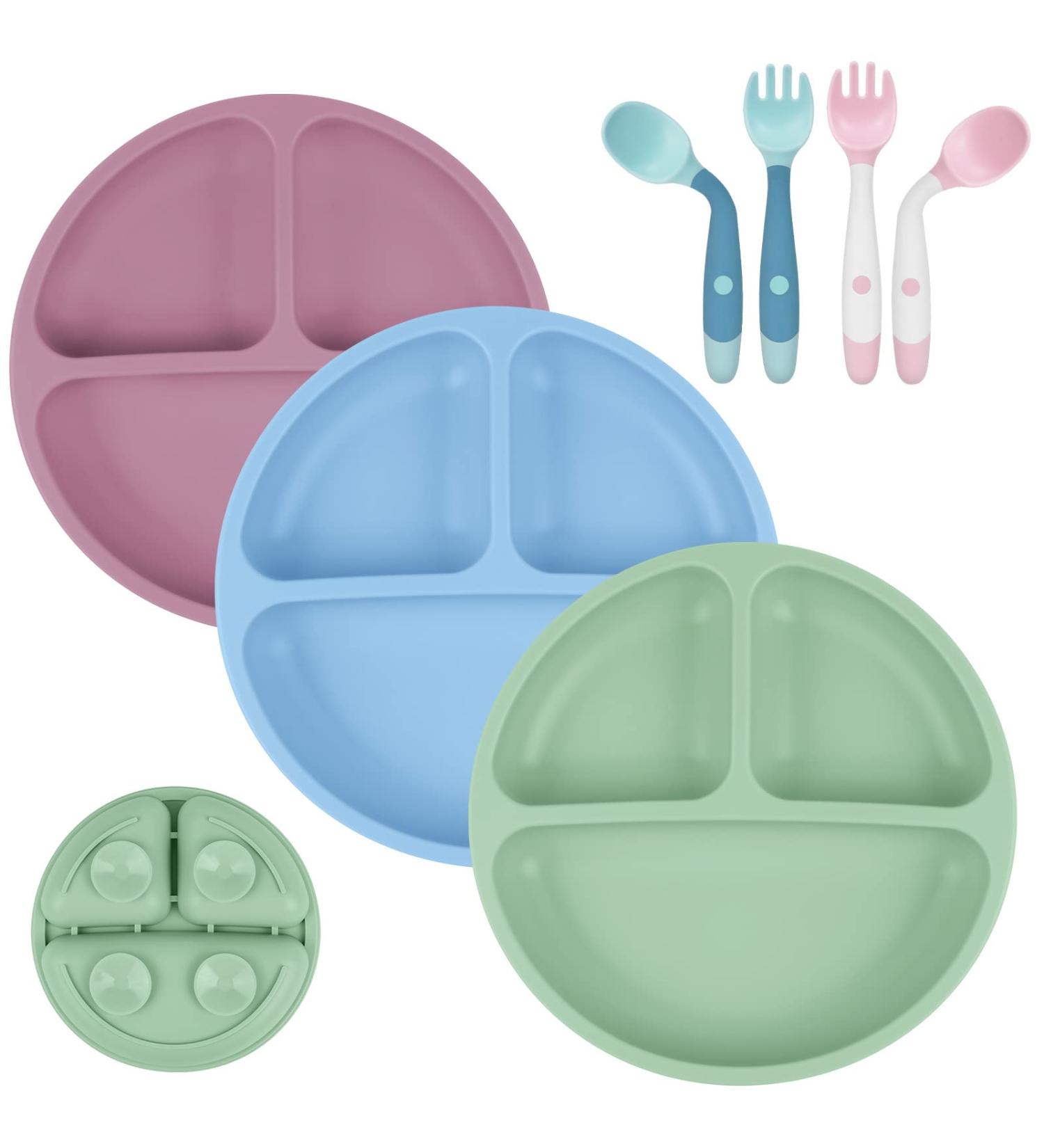 Vicloon Baby Suction Plate Set | Non-Slip Silicone Weaning Plates for Toddlers | Divided Dishes for Self-Feeding | Fits Most Highchairs Trays | 3Pcs (Green/Pink/Blue) - Buy Online on GoSupps.com