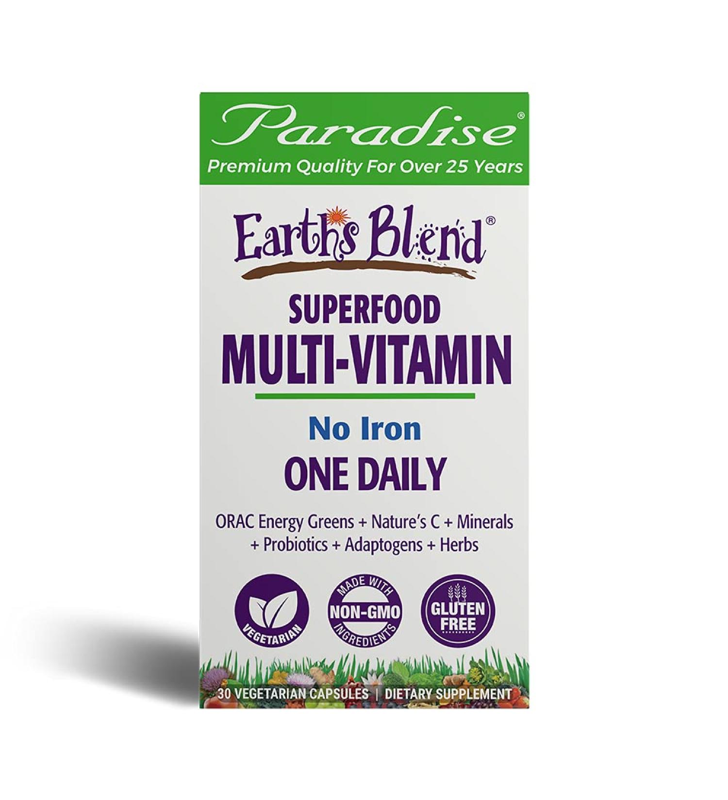 Paradise Herbs Earthâ€™s Blend One Daily Superfood Multi-Vitamin - No Iron, 30 Veggie Capsules - Buy Online on GoSupps.com