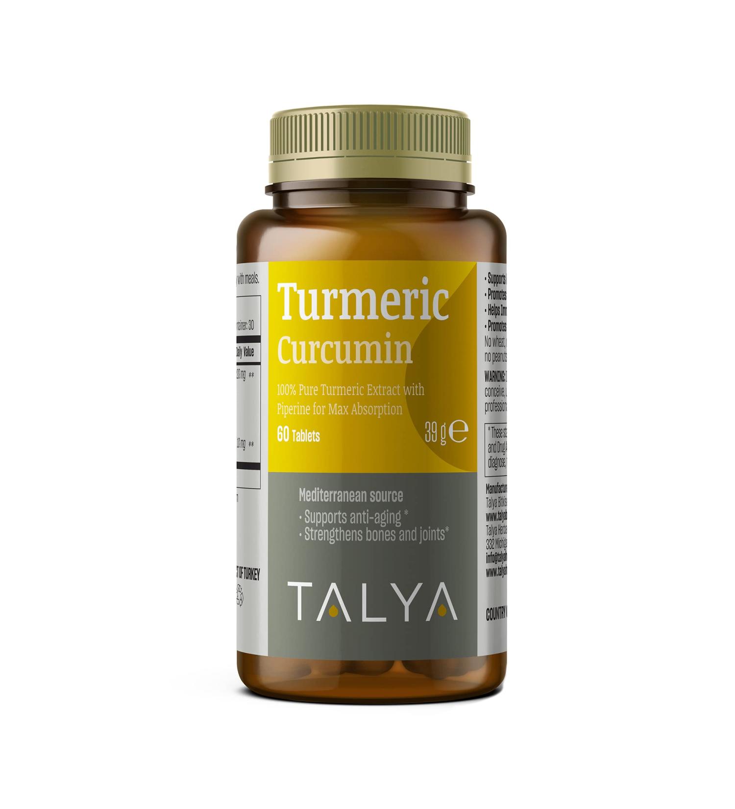 TALYA Turmeric Curcumin with Black Pepper | Turmeric Supplement with 95% Curcuminoids | Bones & Joint Supports | Non-GMO Vegan Gluten Free | 60 Capsules - Buy Online on GoSupps.com