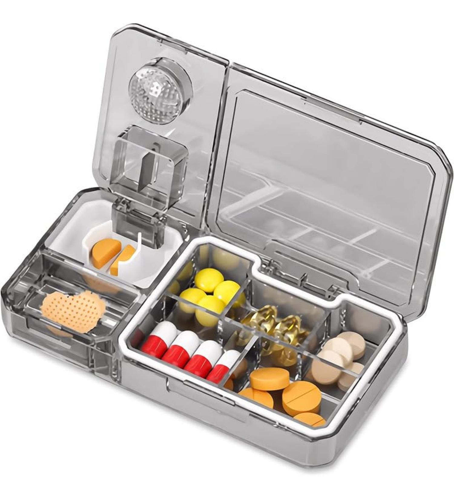 Pill Organizer with Cutter & Crusher - Travel Size Medicine Holder for Vitamins & Supplements | Grey - Buy Online on GoSupps.com