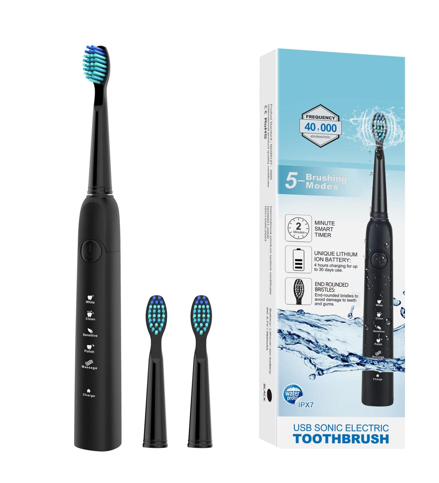 SEAGO Electric Toothbrush for Adults - Sonic 5 Modes Smart Timer IPX7 Waterproof Rechargeable with 3 Heads - Black SG-949 BLK - Buy Online on GoSupps.com