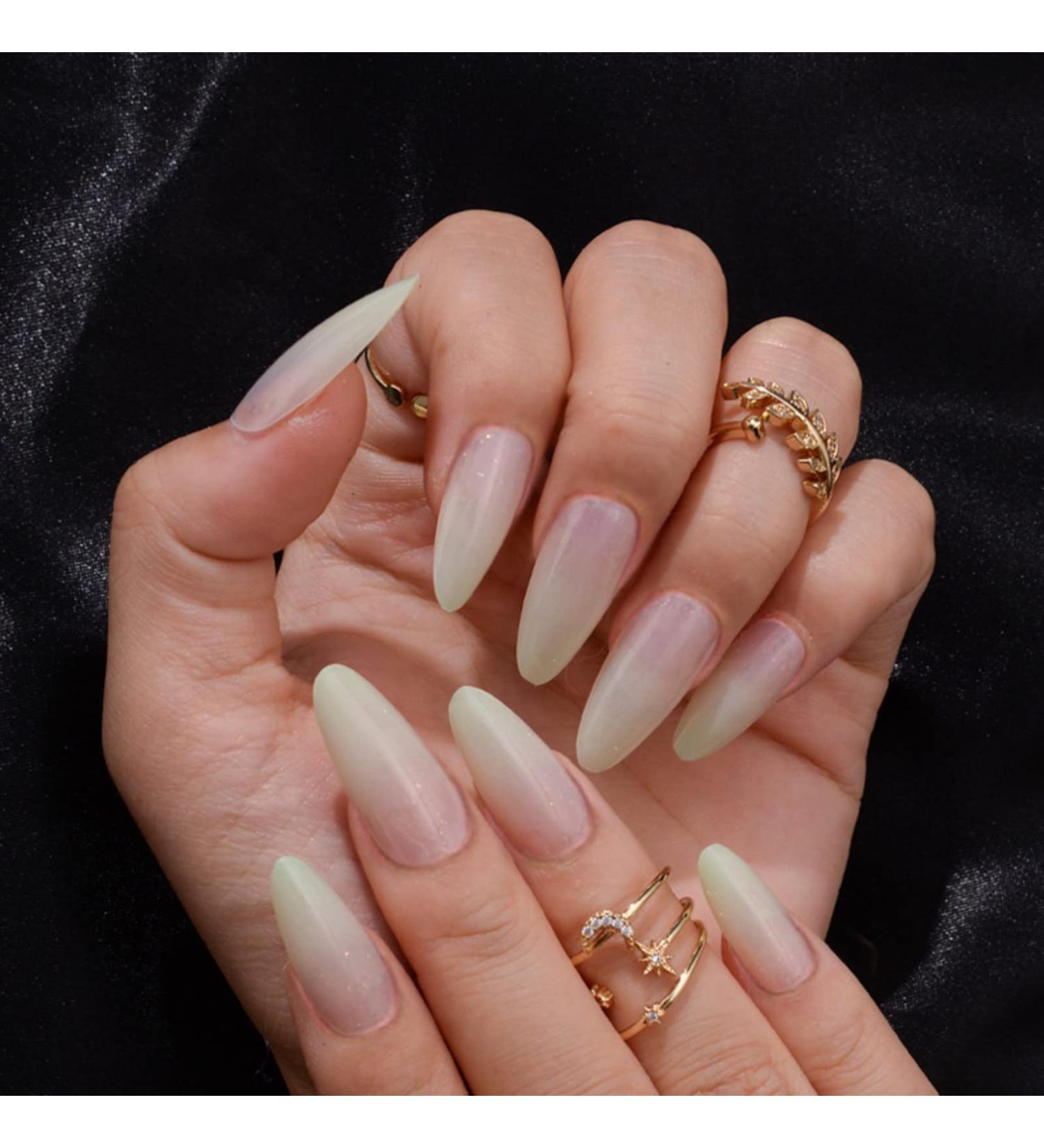 Justotry 24 Pcs Gradient White Almond Short False Nails - Pale Green French Press on Nails | Stiletto Medium Stick on Nails with Nail Glue | Nude Fake Nails for Women - Buy Online on GoSupps.com