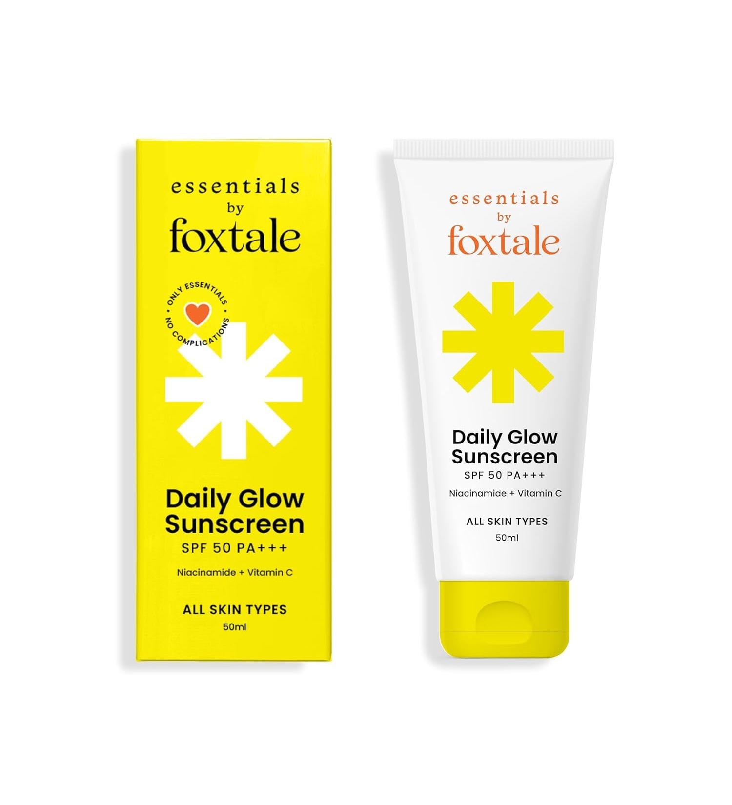 Essentials Daily Glow Sunscreen SPF 50 PA | No White Cast Non-Greasy Vitamin C | Anti-Tan For Men & Women | 50 ml - Buy Online on GoSupps.com