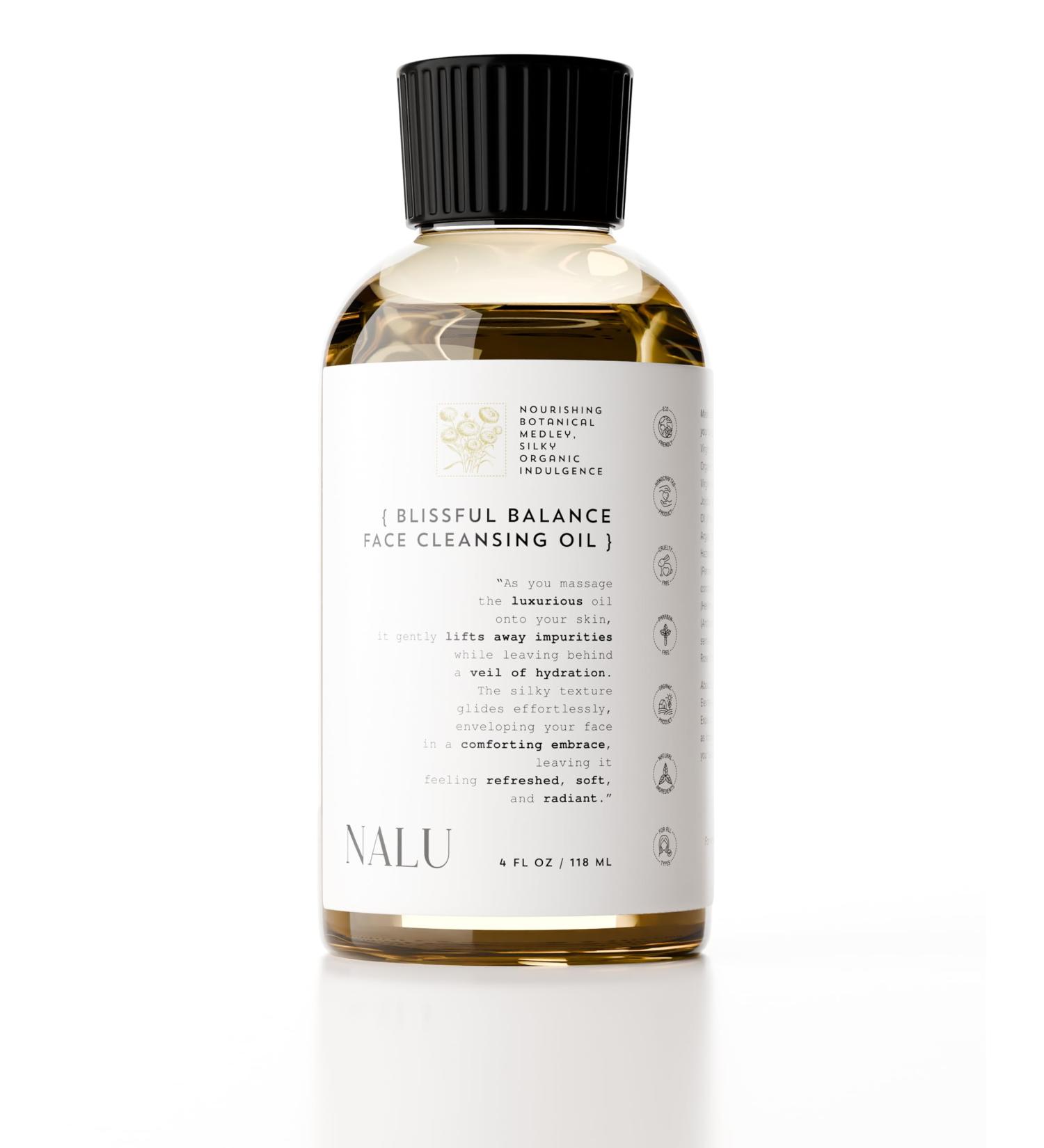 NALU Face Cleansing Oil. Virgin Green Tea Seed Oil Organic Golden Jojoba Organic Rose Otto. Nourishes Removes Impurities & Makeup. Uncloges Pores & Soothes Irritations. All Skin Types. 4 fl oz