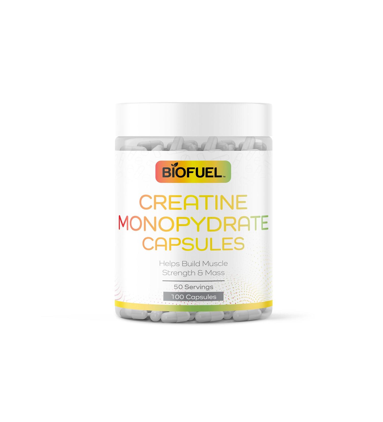 Biofuel Creatine Monohydrate Capsules - Boost Muscle Strength & Mass | 100 Count 2 Capsules/Serving | International Shipping Available - Buy Online on GoSupps.com
