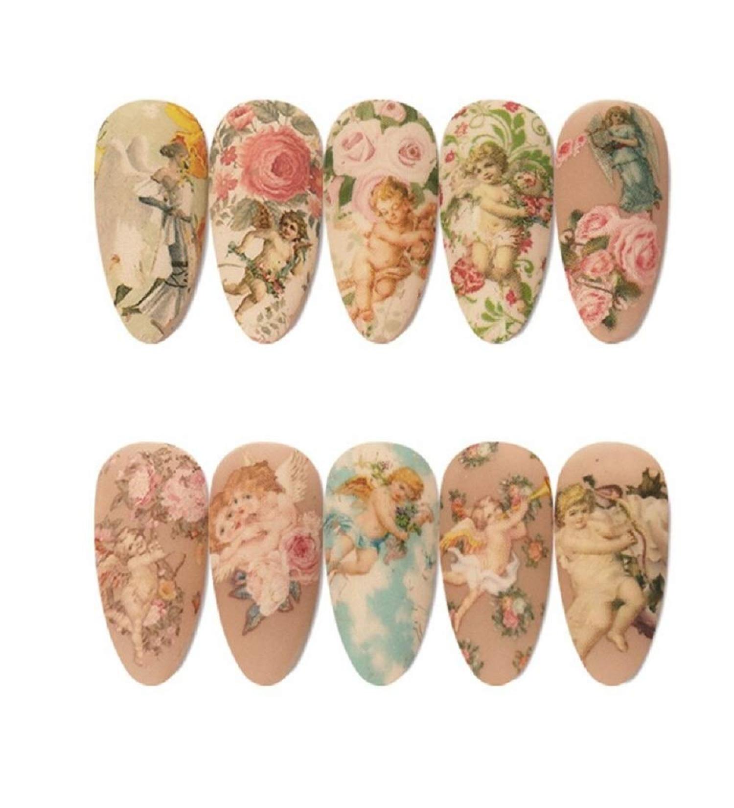 10 Sheets Vintage Angel Nail Foils for Transfer Paper Stickers Love Sliders Adhesive Nails Wraps Flower Nail Art Decorations - Buy Online on GoSupps.com