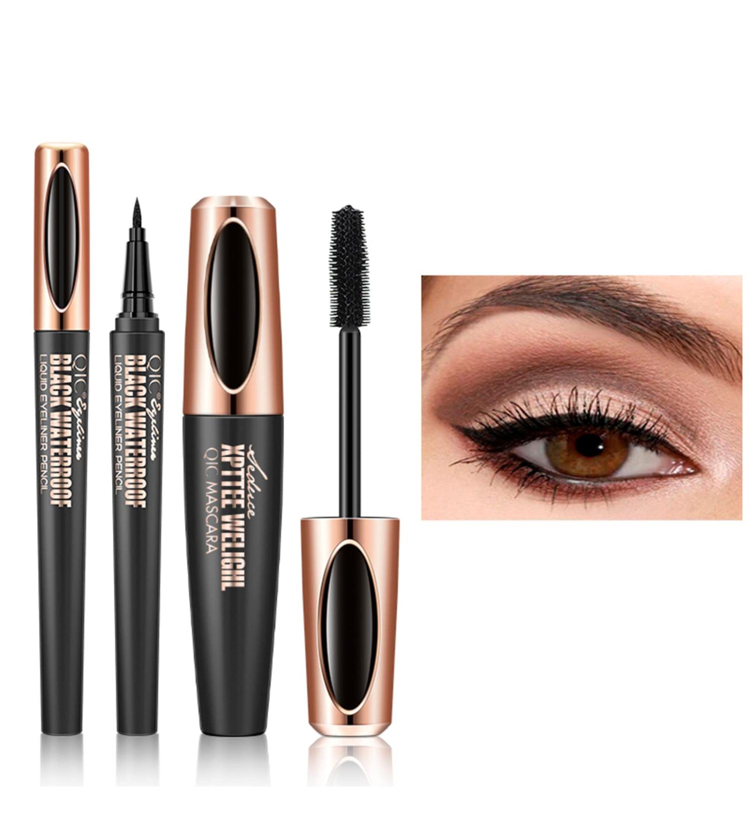 Buy 2 in 1 4D Silk Fiber Eyelash Mascara & Waterproof Liquid Eyeliner - Extra Long Thick Voluminous Lashes - Fast Drying Long-Lasting Black Mascara for Intense Definition - Buy Online on GoSupps.com